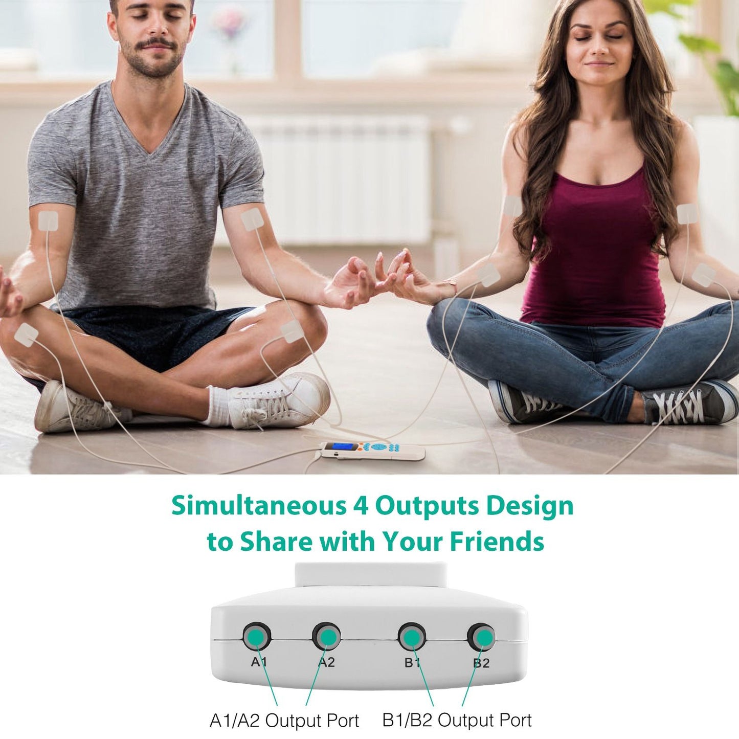 Couple practicing relaxation and meditation with a dual-channel electronic muscle stimulator, featuring four output ports for simultaneous use.