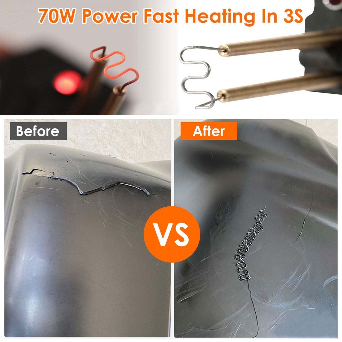 70W power repair tool demonstrating a before-and-after comparison of plastic damage, showing effective crack repair and fast heating in 3 seconds.