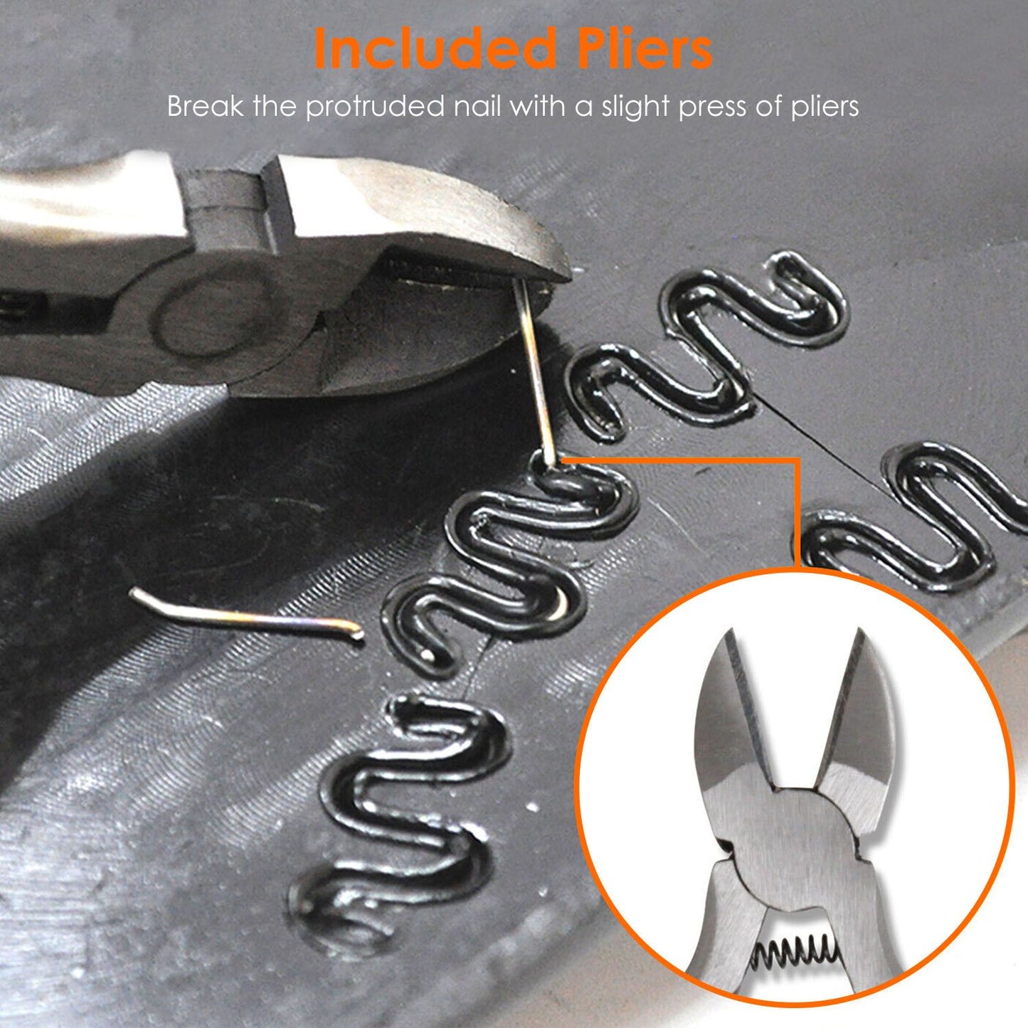Close-up of included pliers breaking a protruded nail on a black surface, demonstrating ease of use for DIY projects.