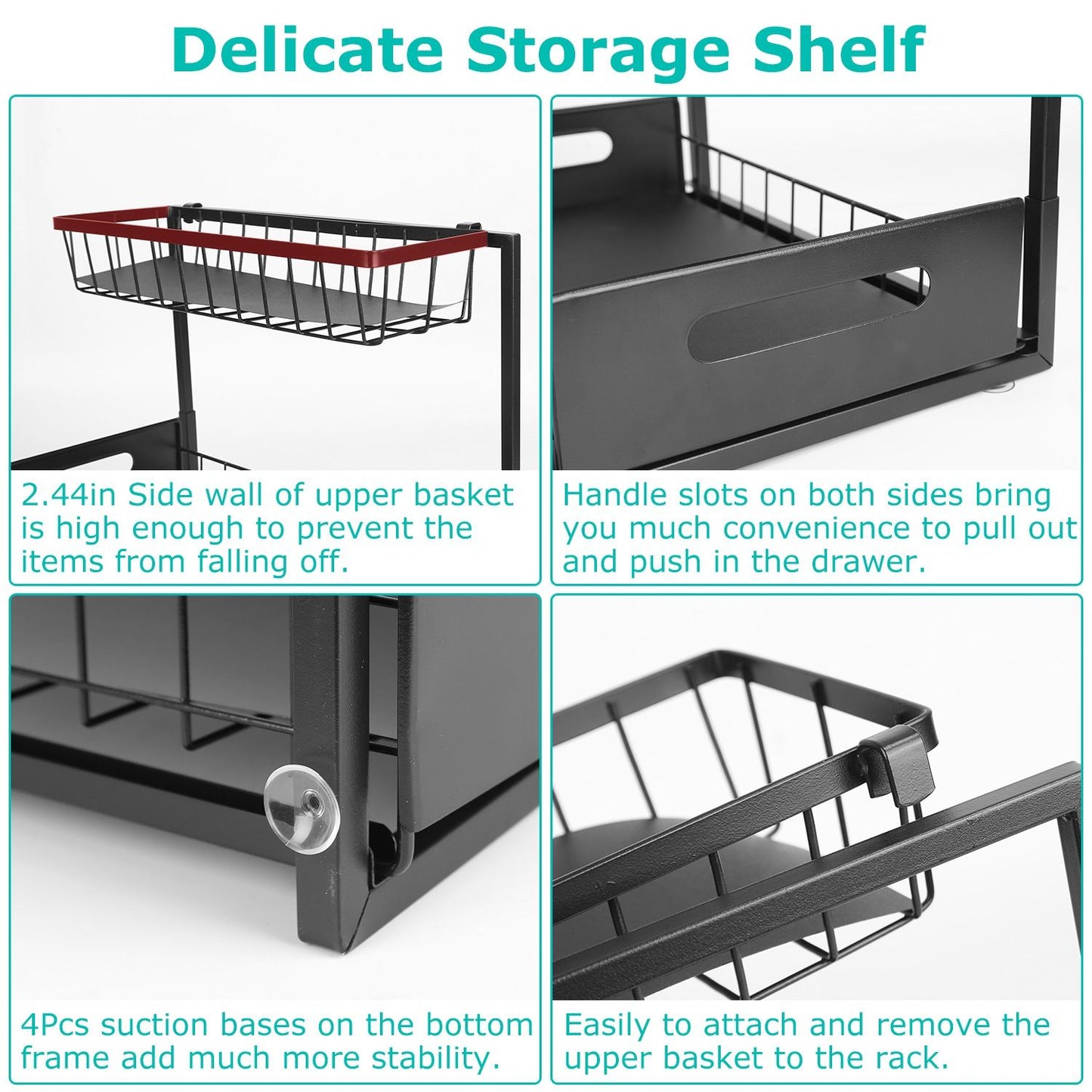 Delicate storage shelf with two wire baskets, featuring a 2.44-inch side wall to prevent items from falling, handle slots for easy access, suction bases for stability, and a removable upper basket design.