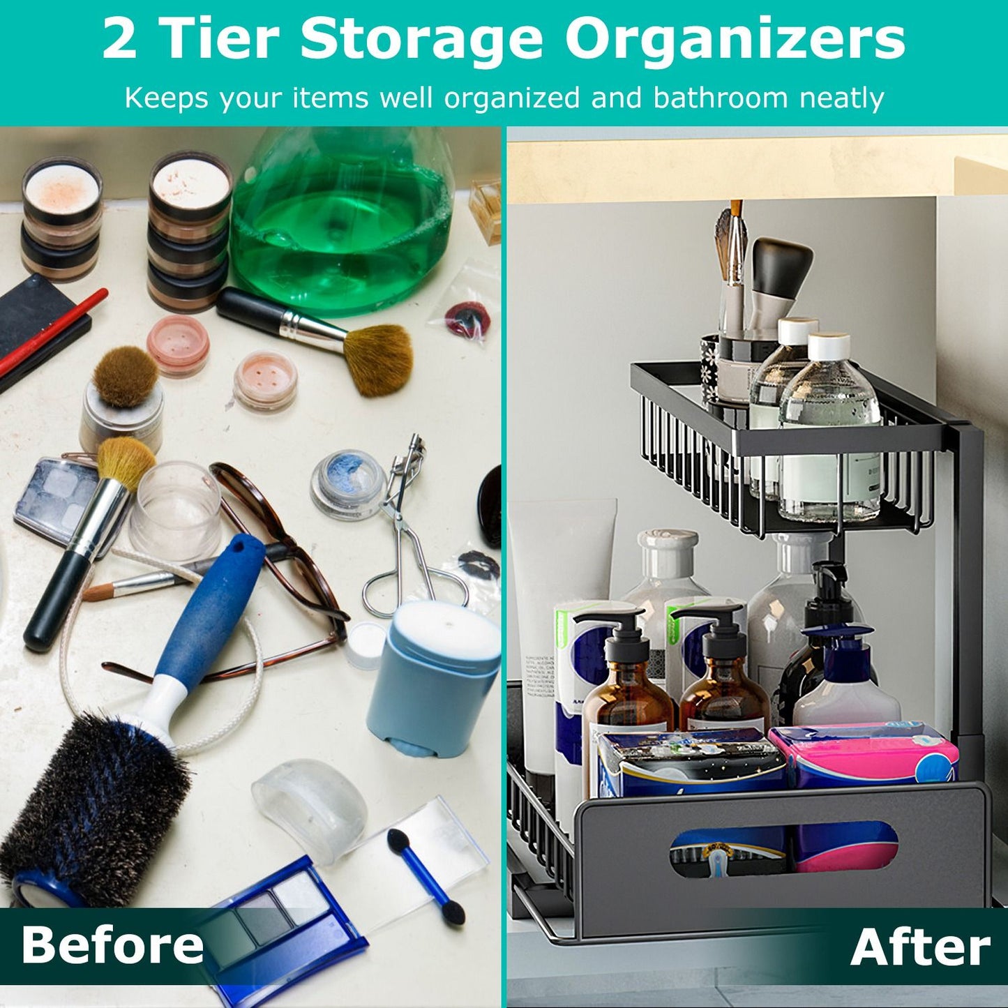 Two-tier storage organizer, showcasing a cluttered bathroom countertop on the left and a neatly organized space on the right, highlighting its effective organization for beauty and hygiene products.