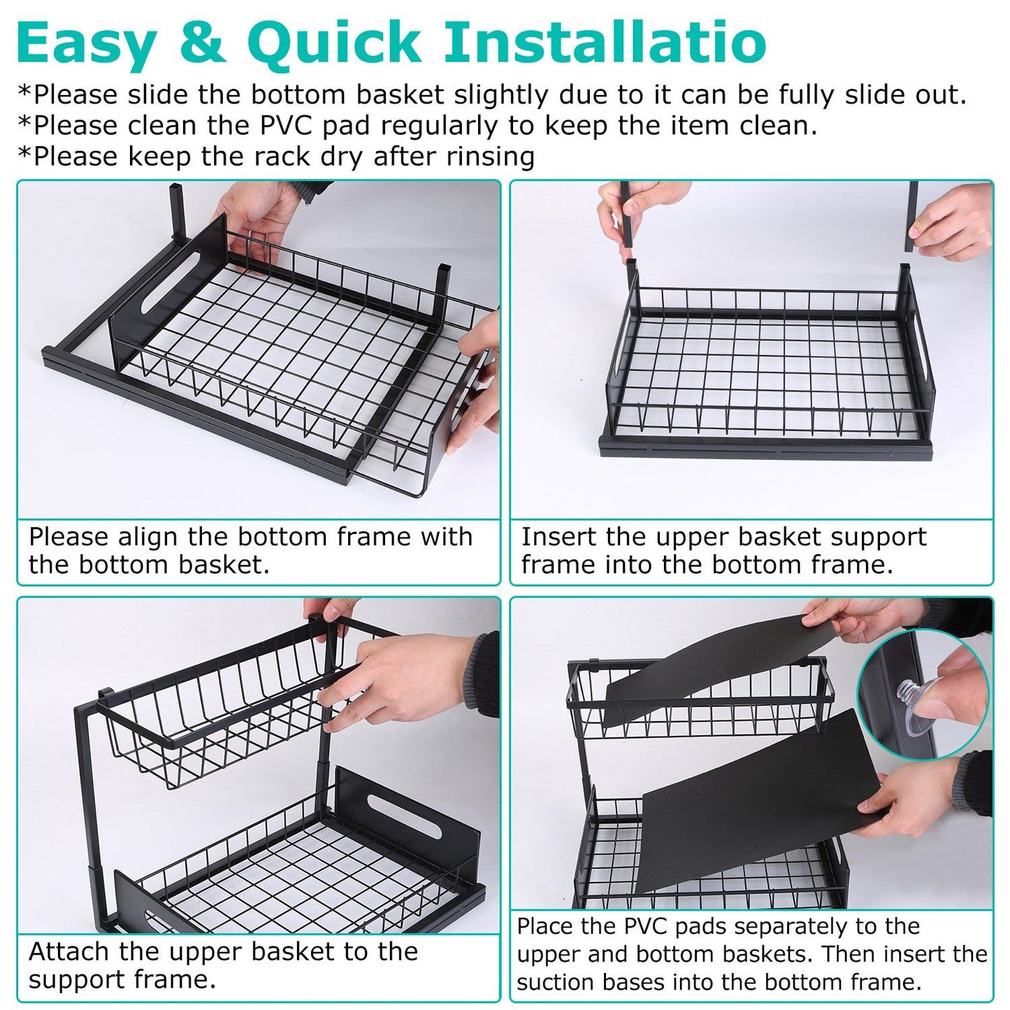Step-by-step guide for assembling a black wire rack with upper and lower baskets, including details on aligning frames and inserting suction pads for stability.
