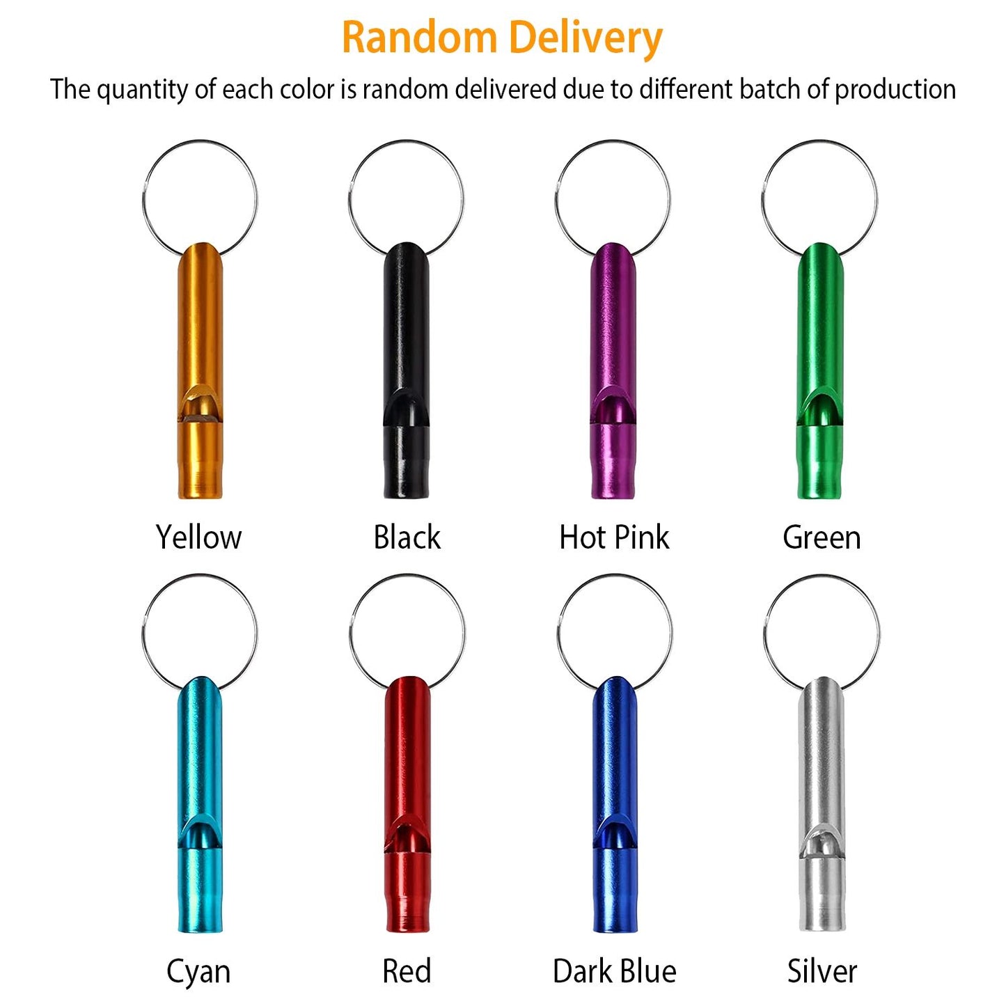 Image of colorful aluminum whistle keychains available in various colors: yellow, black, hot pink, green, cyan, red, dark blue, and silver, designed for random delivery.