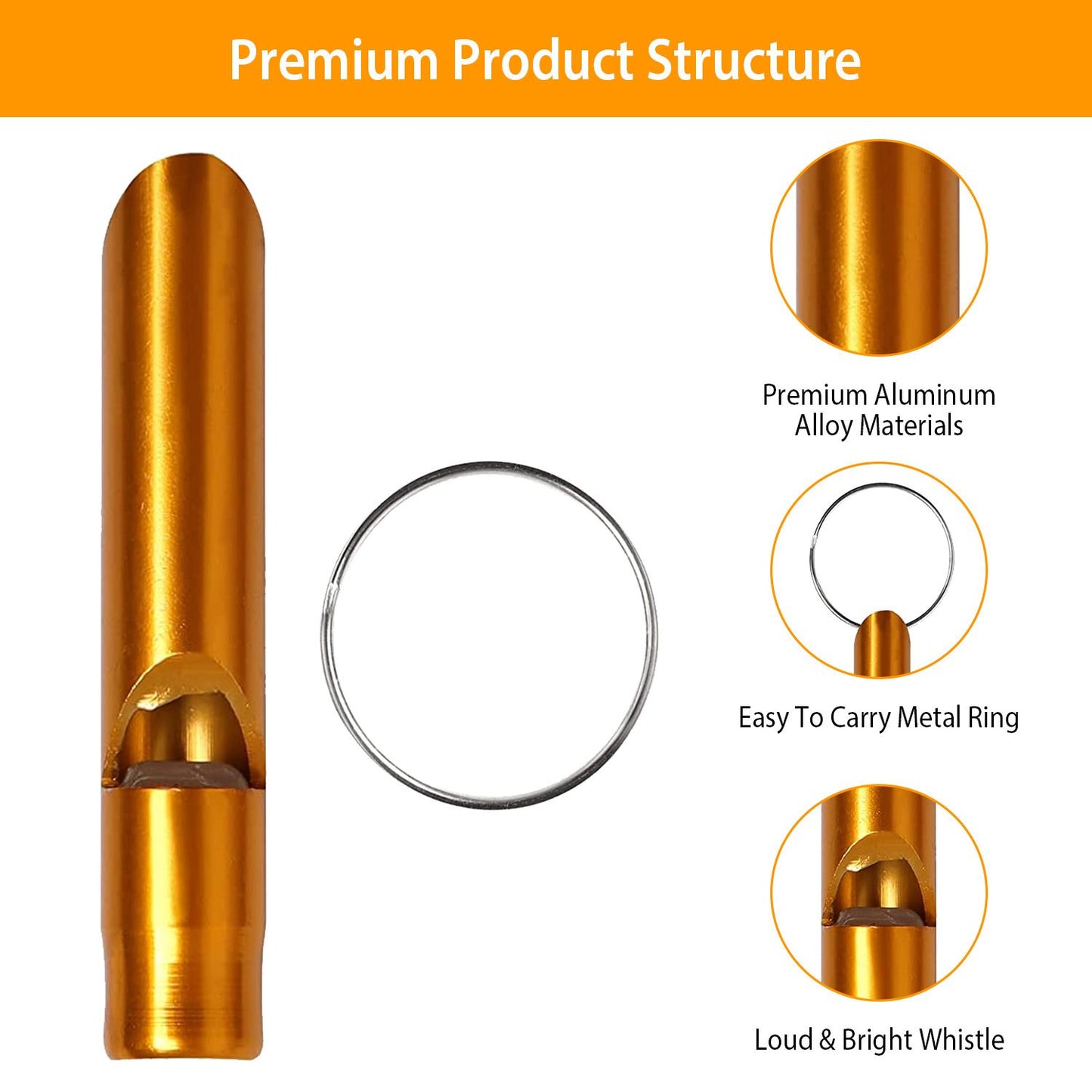Bright orange aluminum whistle with a metal carrying ring, featuring a loud sound chamber and premium design elements for easy portability and durability.