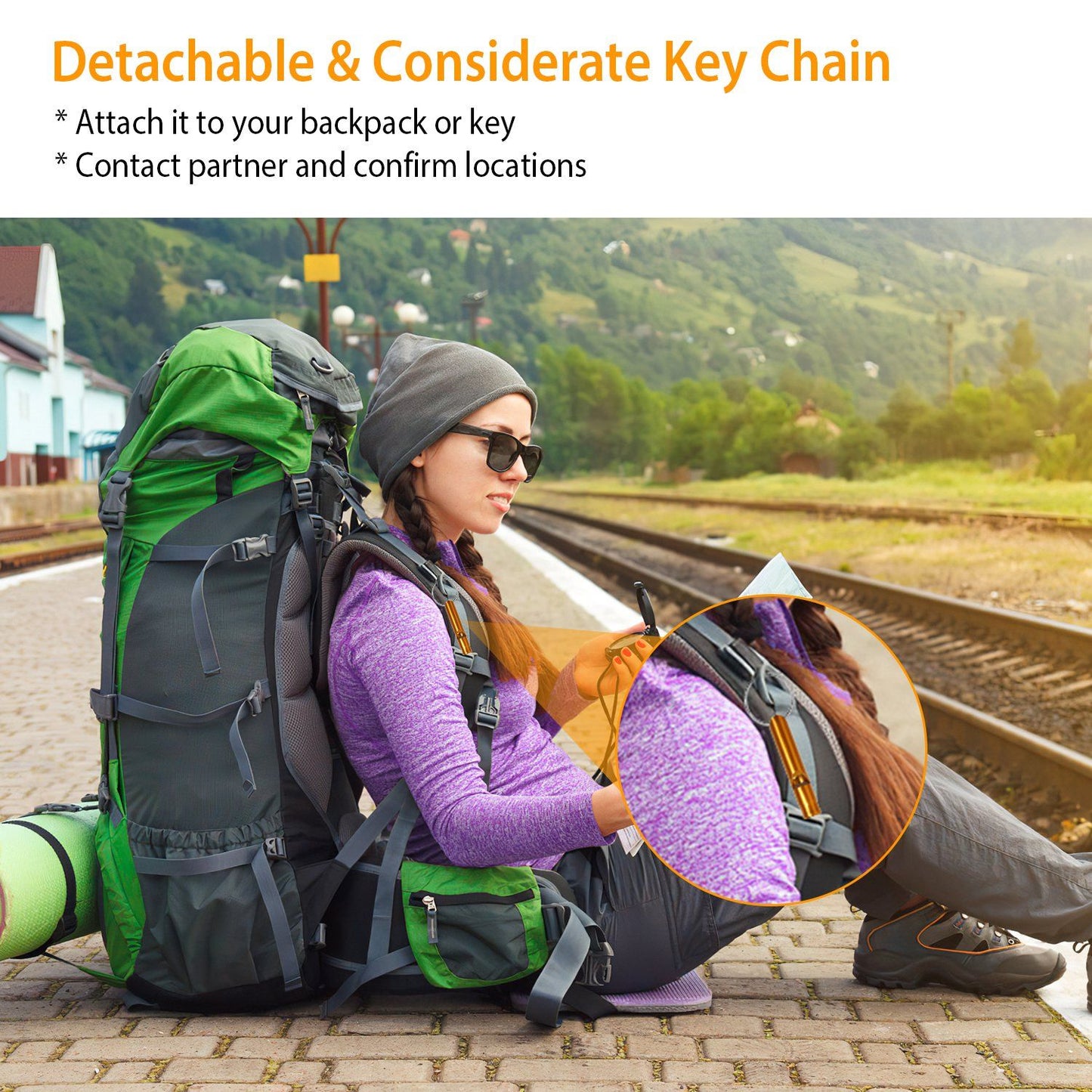 Detachable key chain feature showcased on a backpack at a train station, designed for convenience and safety during outdoor adventures.