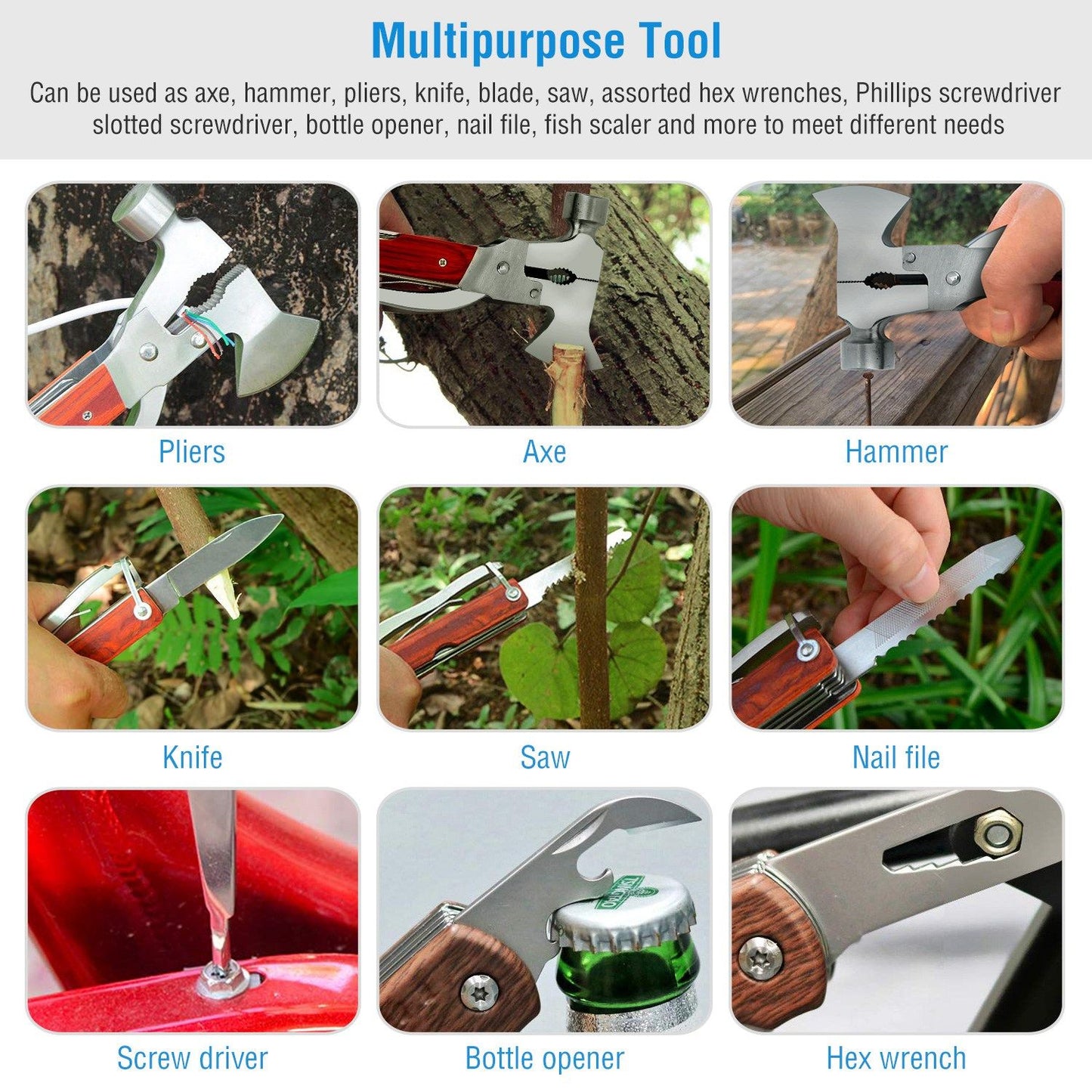 Multipurpose tool featuring axe, pliers, knife, saw, hammer, bottle opener, screwdriver, nail file, and hex wrench, showcasing versatility for various tasks in outdoor and home settings.