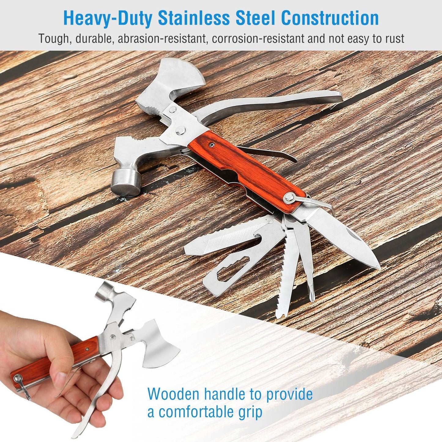 Multi-functional heavy-duty stainless steel tool with a wooden handle, featuring hammer, axe, and multiple utility functions, resting on a wooden surface.
