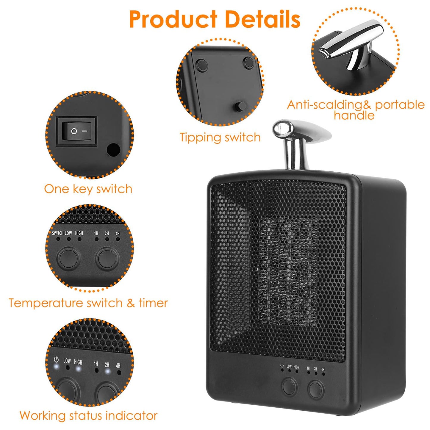 Portable electric space heater with temperature control, timer settings, tipping switch, and anti-scalding handle, featuring a sleek black design and user-friendly interface.