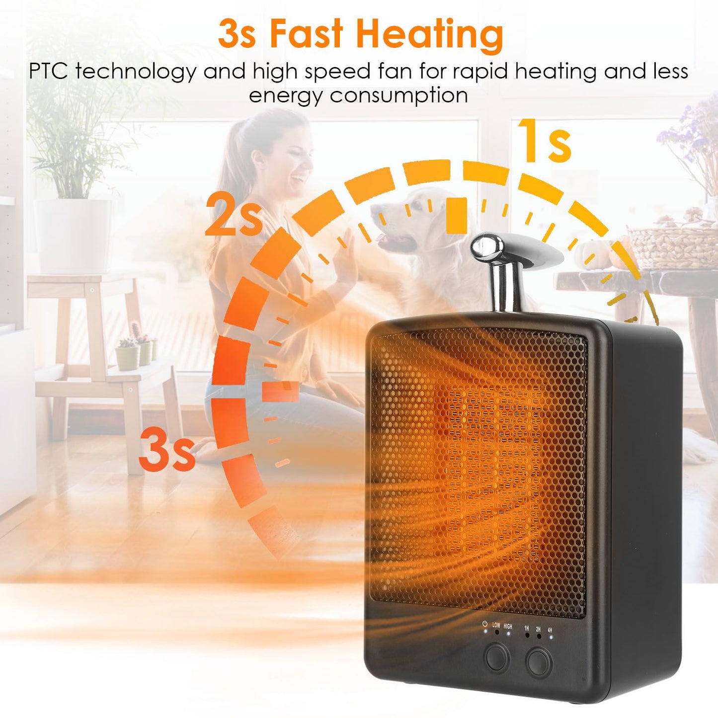 Compact electric heater with rapid 3-second heating technology, featuring a sleek design and user-friendly controls, ideal for energy-efficient home heating.