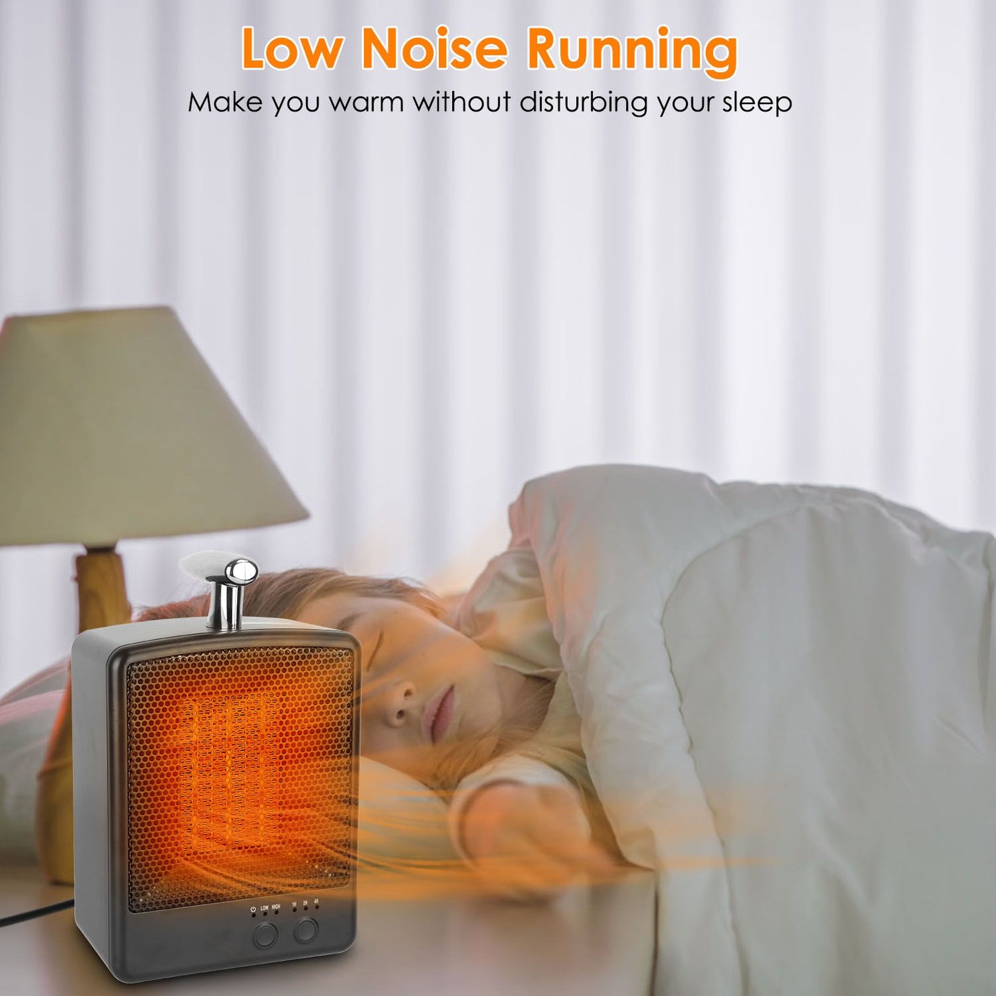 Compact and stylish space heater with low noise operation, designed to provide warmth without disrupting sleep, placed next to a peacefully sleeping woman under a blanket, emitting gentle heat.
