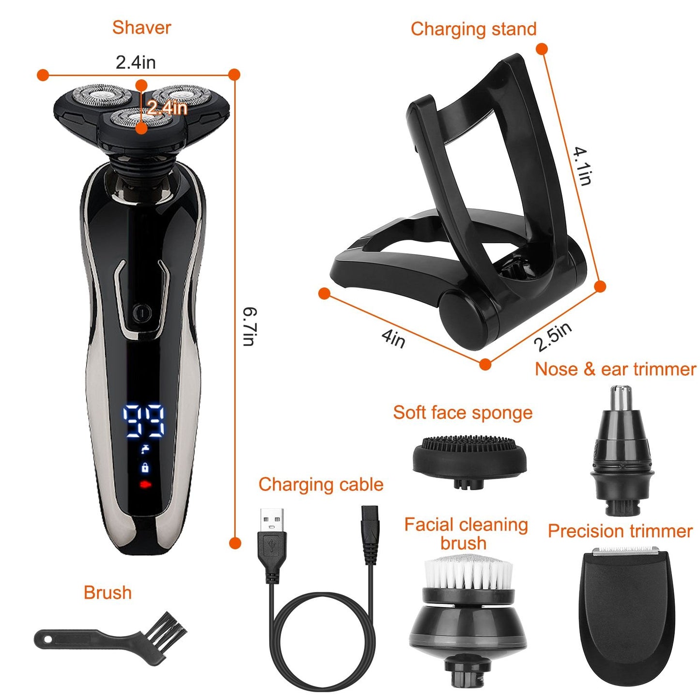 Electric shaver set featuring a three-head shaver, charging stand, nose and ear trimmer, soft face sponge, precision trimmer, facial cleaning brush, and charging cable, all displayed with dimensions for easy reference.