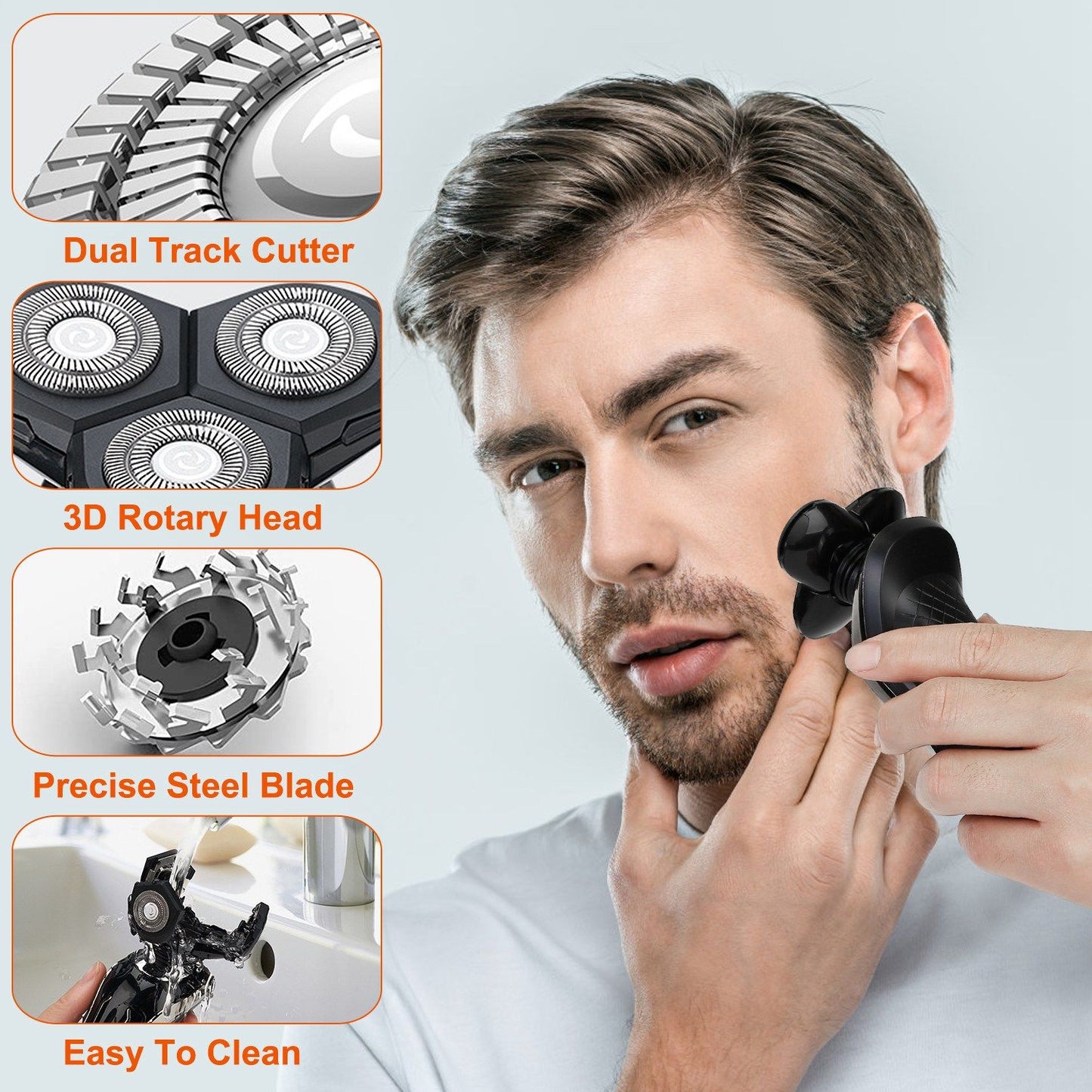 Electric rotary shaver featuring dual track cutter, 3D rotary head, precise steel blade, and easy-to-clean design, shown in use by a man.