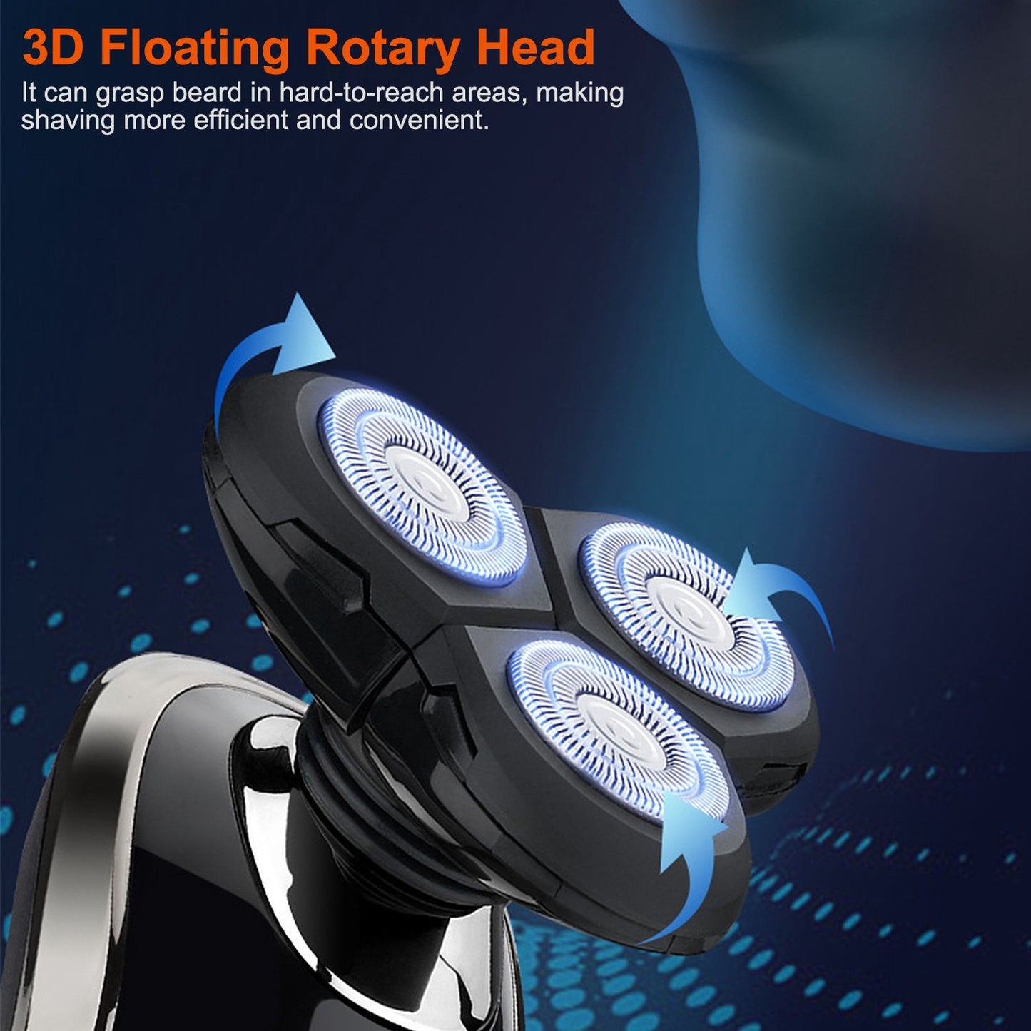 3D floating rotary head electric shaver designed for an efficient and convenient shaving experience, highlighting the three rotating blades with blue LED lights for precision in hard-to-reach areas.
