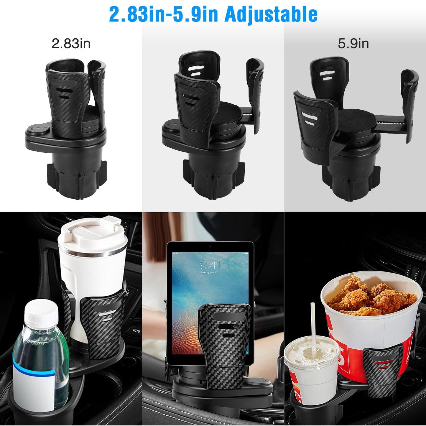 Adjustable car cup holder organizer showing sizes of 2.83 inches and 5.9 inches, with slots for drinks, a tablet, and snacks, designed for convenience and versatility in vehicle use.