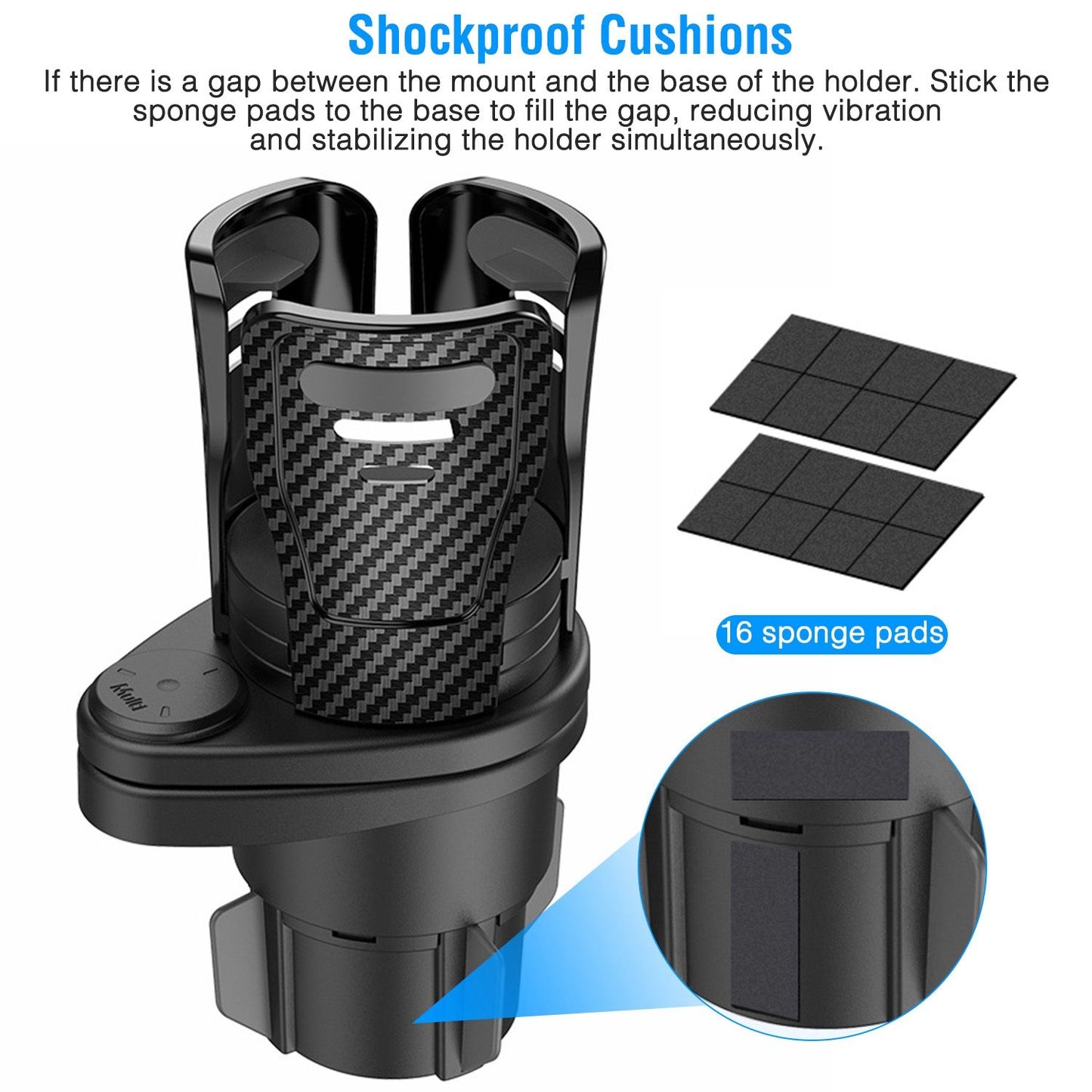 Car cup holder with shockproof cushions and 16 sponge pads for gap filling and vibration reduction, designed for improved stability and safety during driving.