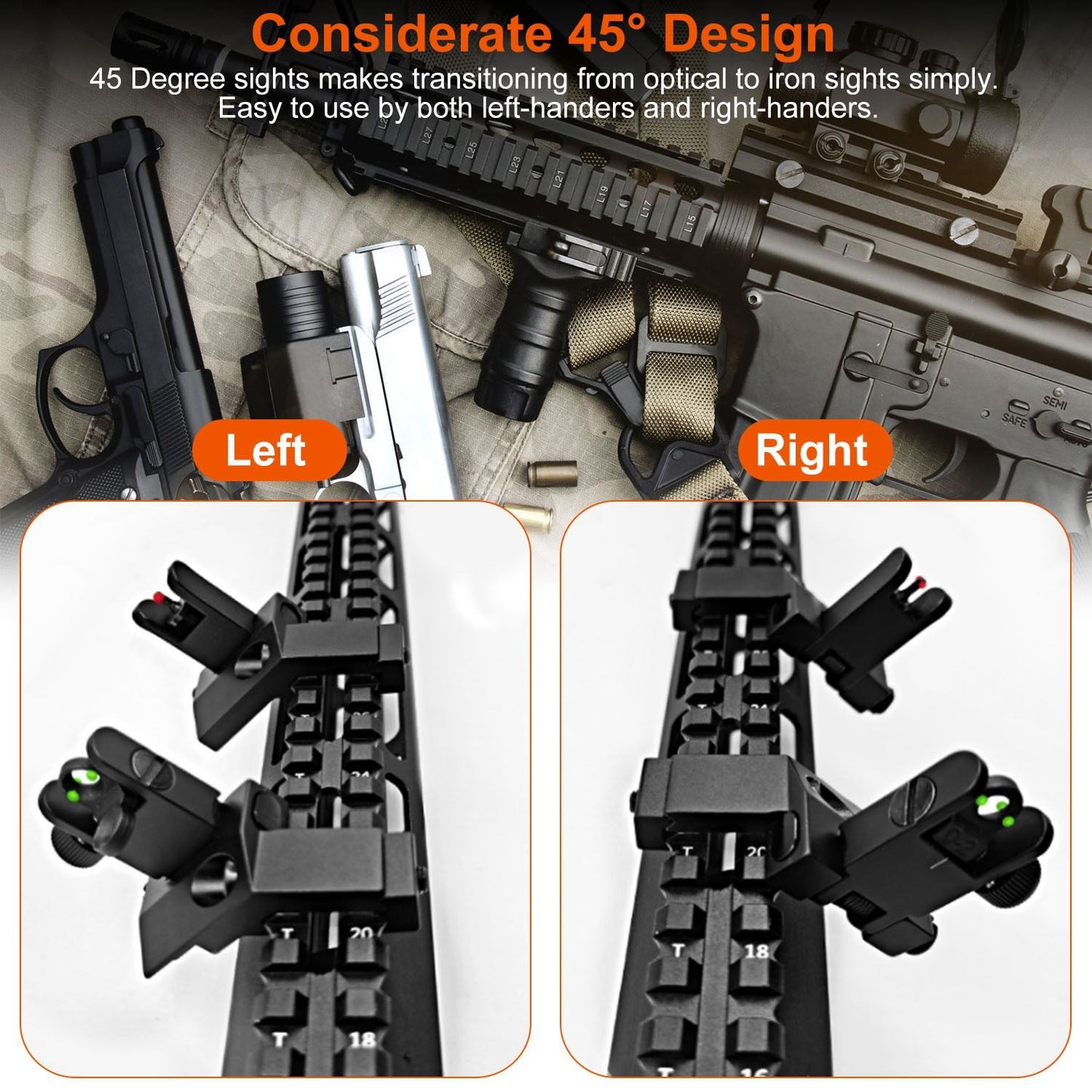 45-degree offset iron sights for firearms, showcasing easy transition from optical to iron sights for both left-handed and right-handed users.