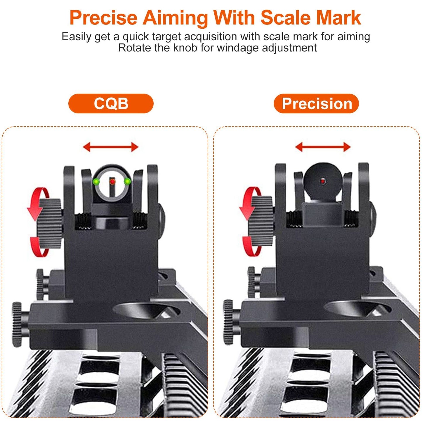 High-precision adjustable sight with scale mark for CQB and precision aiming, featuring windage adjustment knobs and dual aiming reticles in green and red, designed for enhanced target acquisition on firearm accessories.