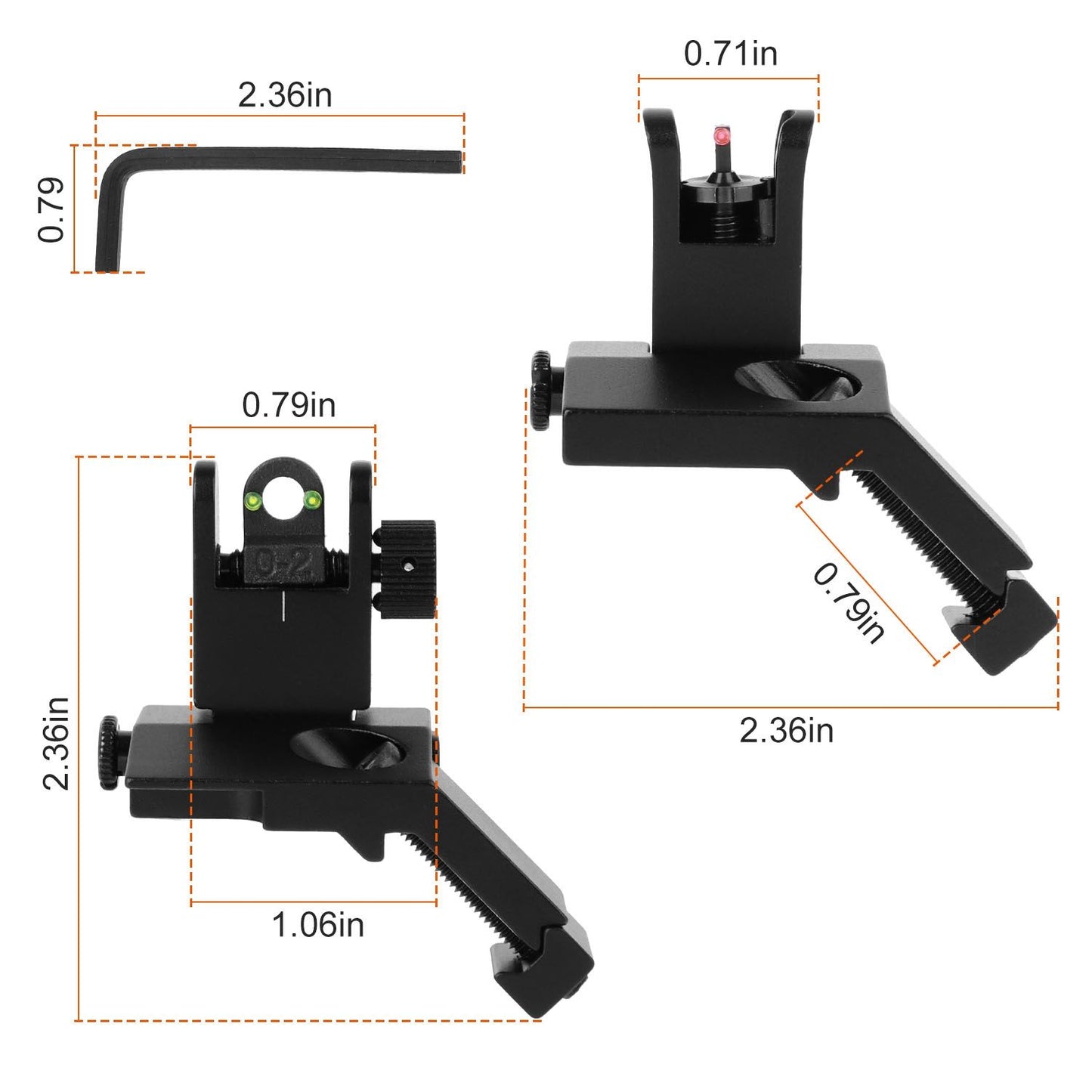 Adjustable black sight tool with green and red dot indicators, designed for precision firearm aiming, showcasing dimensions of 2.36 x 1.06 x 0.79 inches and including an Allen wrench for adjustments.
