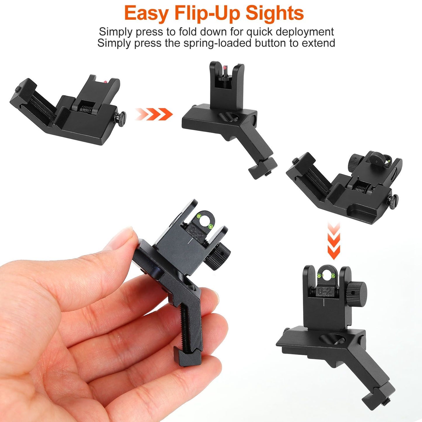 Hand holding adjustable flip-up gun sights with green and red indicators showcasing folding mechanism and quick deployment features.