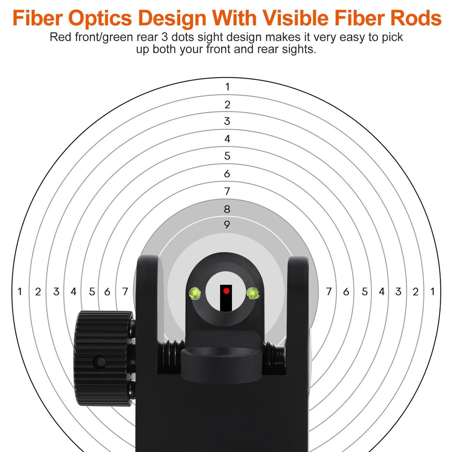 Front view of a fiber optic sight featuring a red front dot and green rear dots, designed for enhanced visibility and quick target acquisition, displayed against a concentric circular target backdrop.