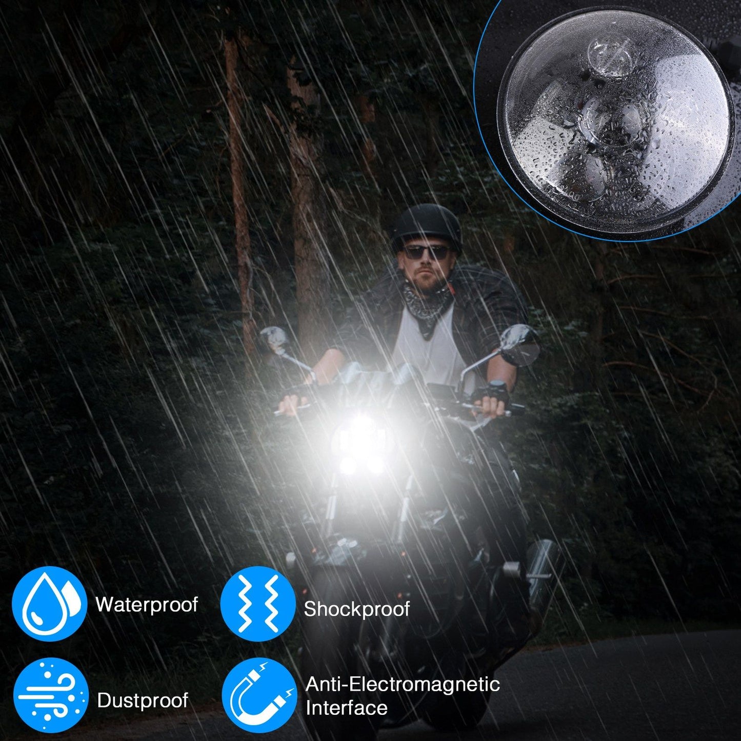 High-performance motorcycle headlight in rainy conditions, showcasing waterproof, shockproof, and dustproof features, ideal for enhanced visibility and safety during night rides.