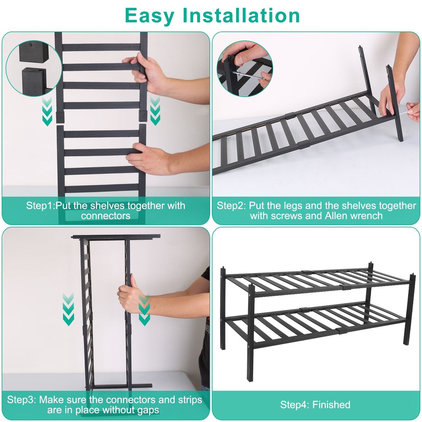 Instructional image showing the four easy steps to assemble a black metal shelf unit, including connecting shelves, attaching legs, ensuring everything is secure, and the final assembled product.