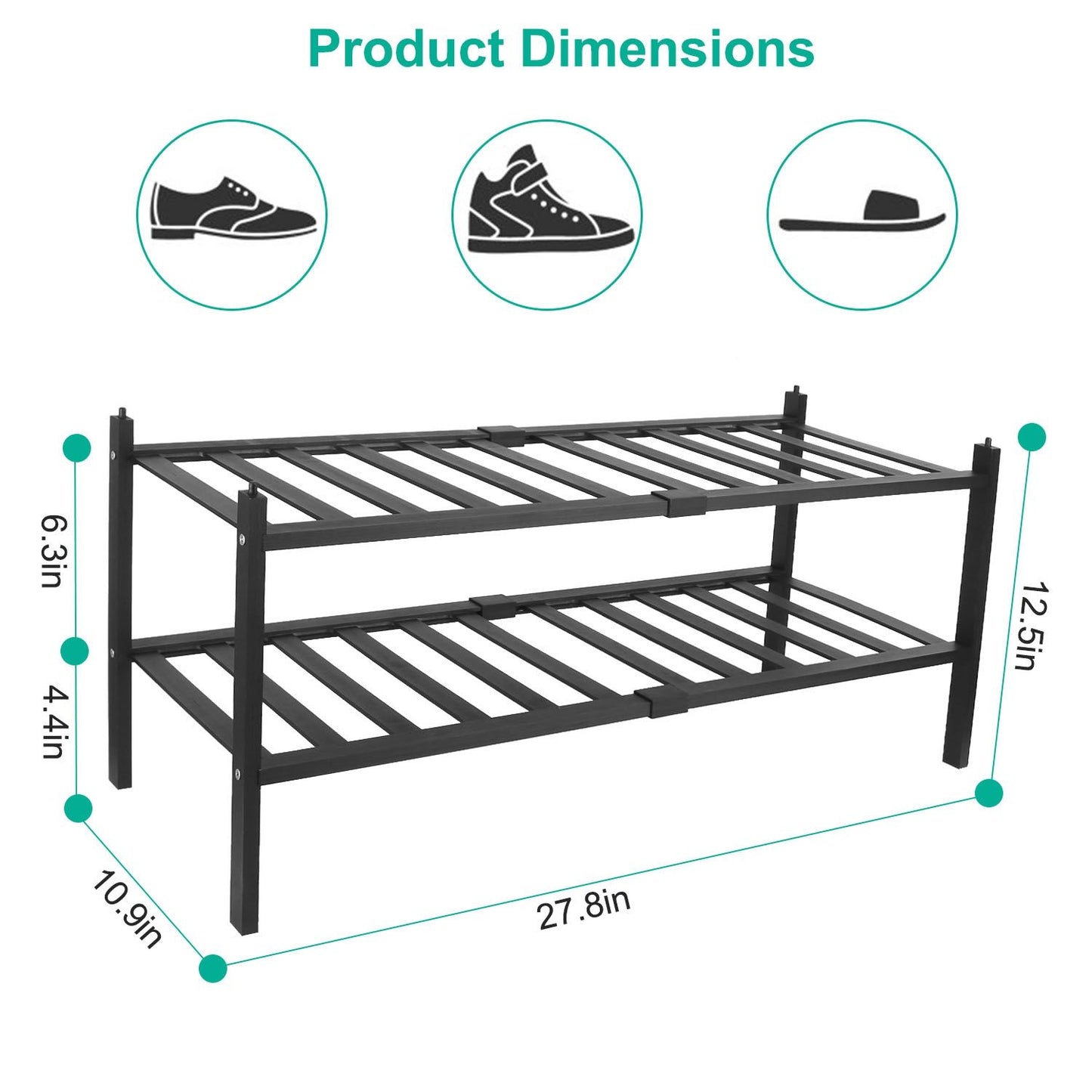 Metal shoe rack with two shelves, dimensions displayed: 27.8 inches wide, 12.5 inches high, and varying depths of 4.4 to 10.9 inches, designed for organization and storage.