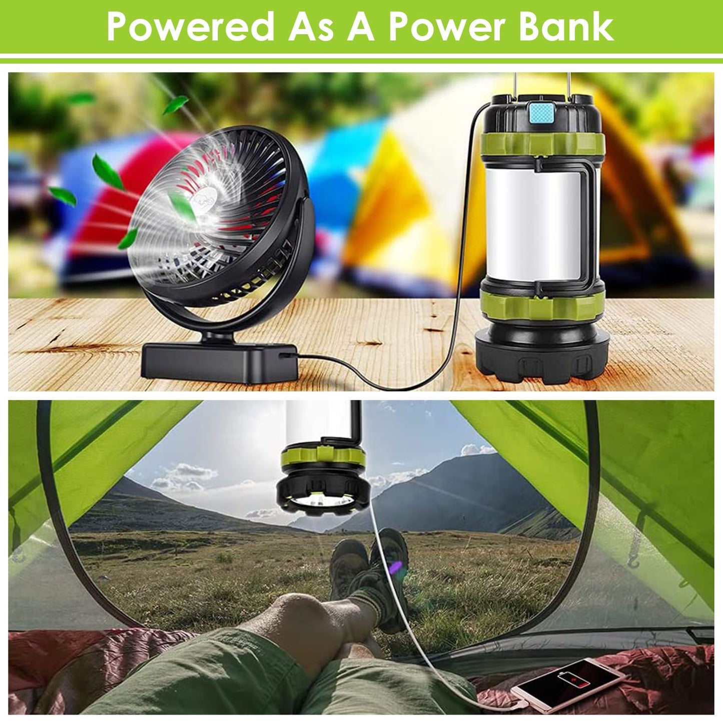 Portable camping fan and lantern combo, designed for outdoor use with a power bank feature, providing cooling air and light while charging devices, set against a tent backdrop.