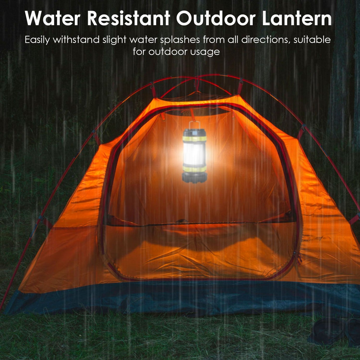 Bright water-resistant outdoor lantern hanging inside an orange camping tent during rain, showcasing its suitability for outdoor usage.