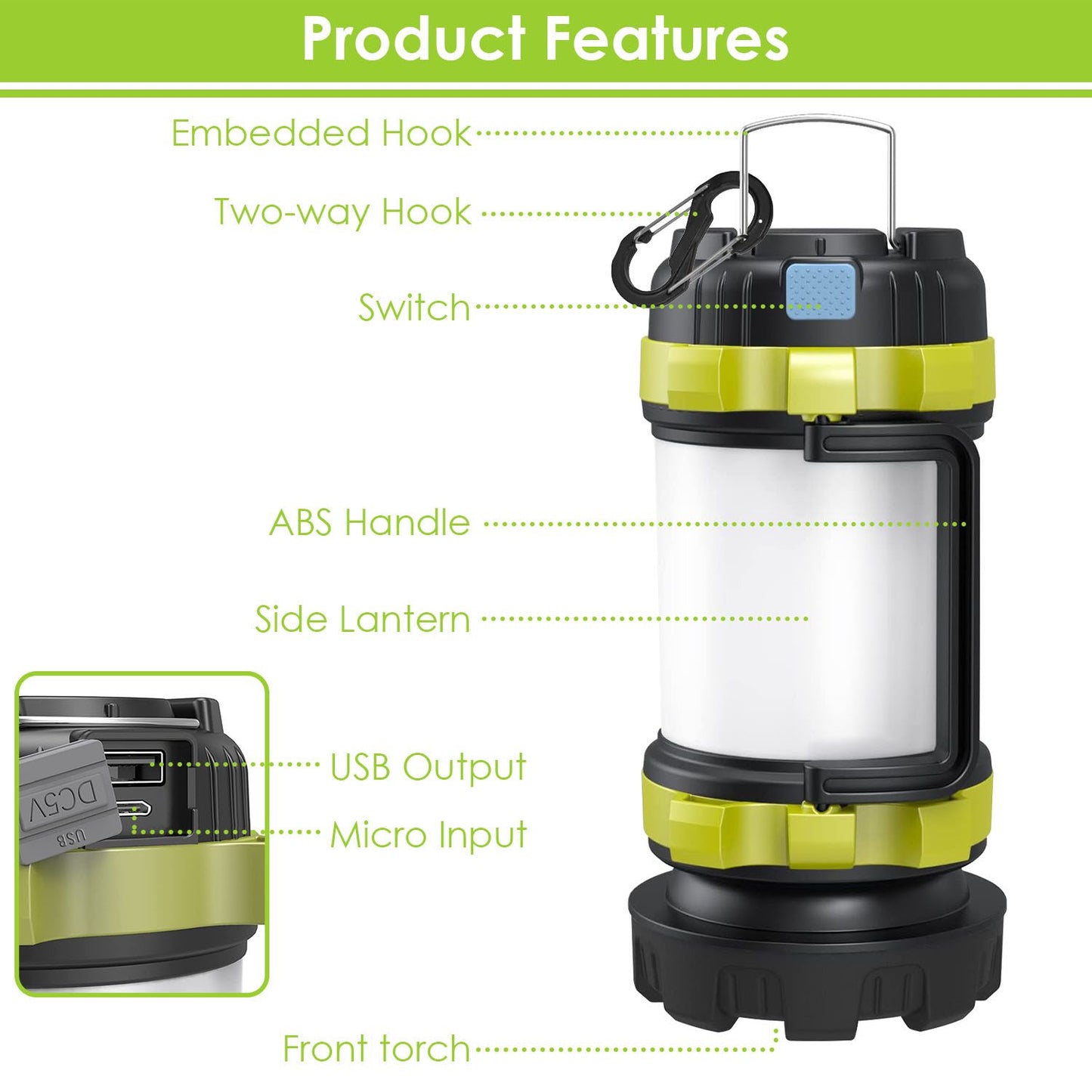 Portable multi-functional lantern with embedded and two-way hooks, USB output, ABS handle, and front torch features.