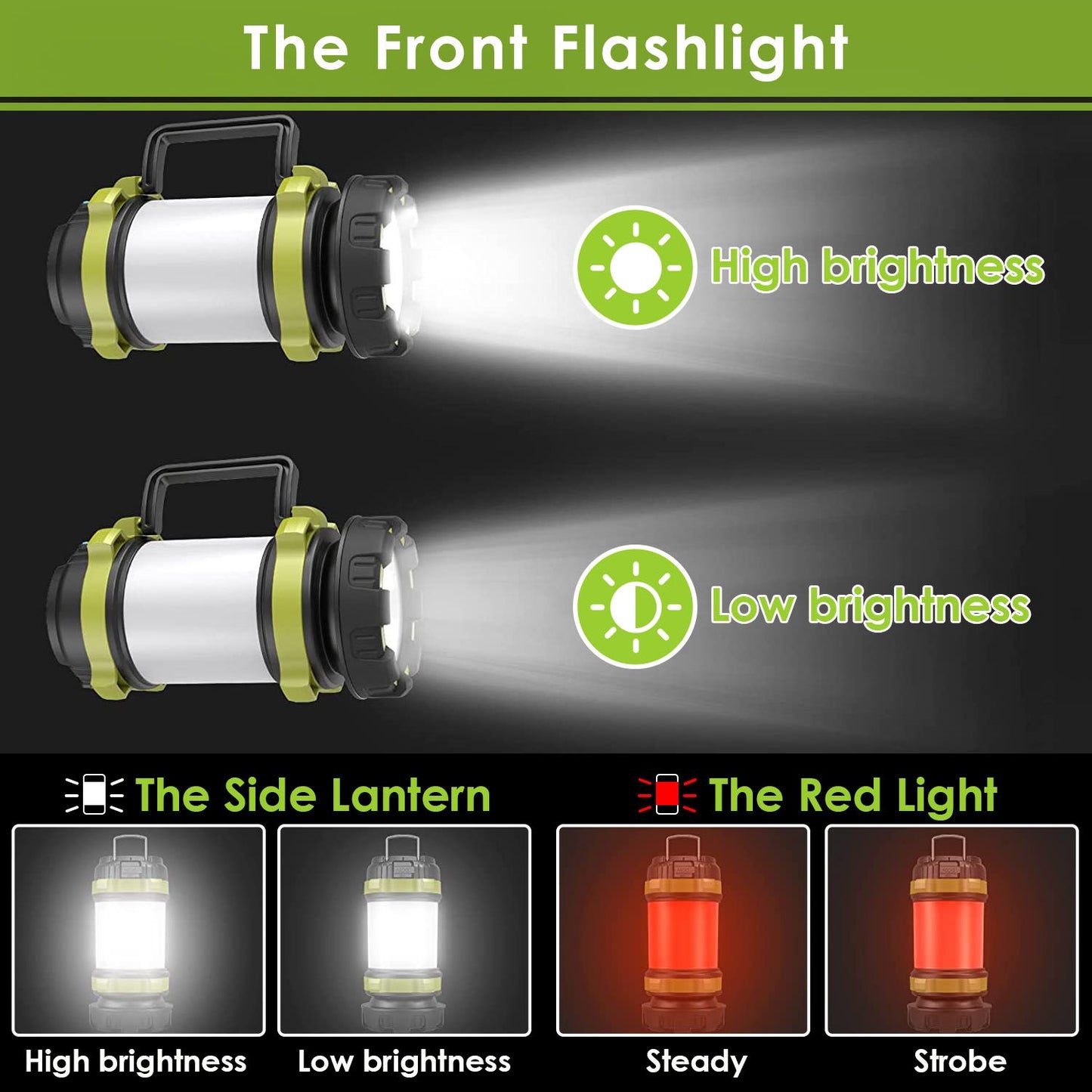 LED flashlight with adjustable brightness settings and red light modes, featuring a sturdy design and multiple lighting options for versatile use.