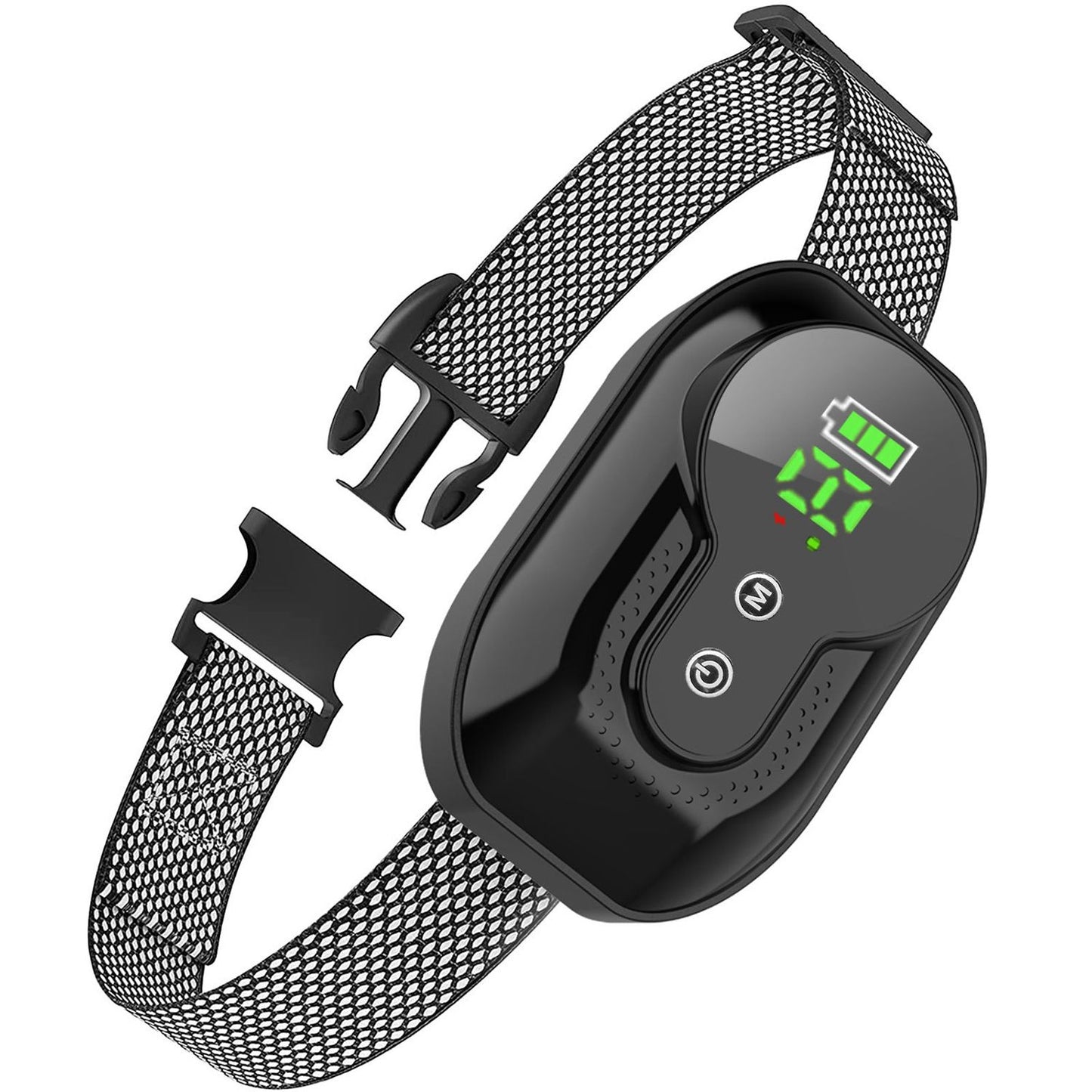 Black fitness tracker with a digital display and mesh strap, showcasing battery level and activity metrics.