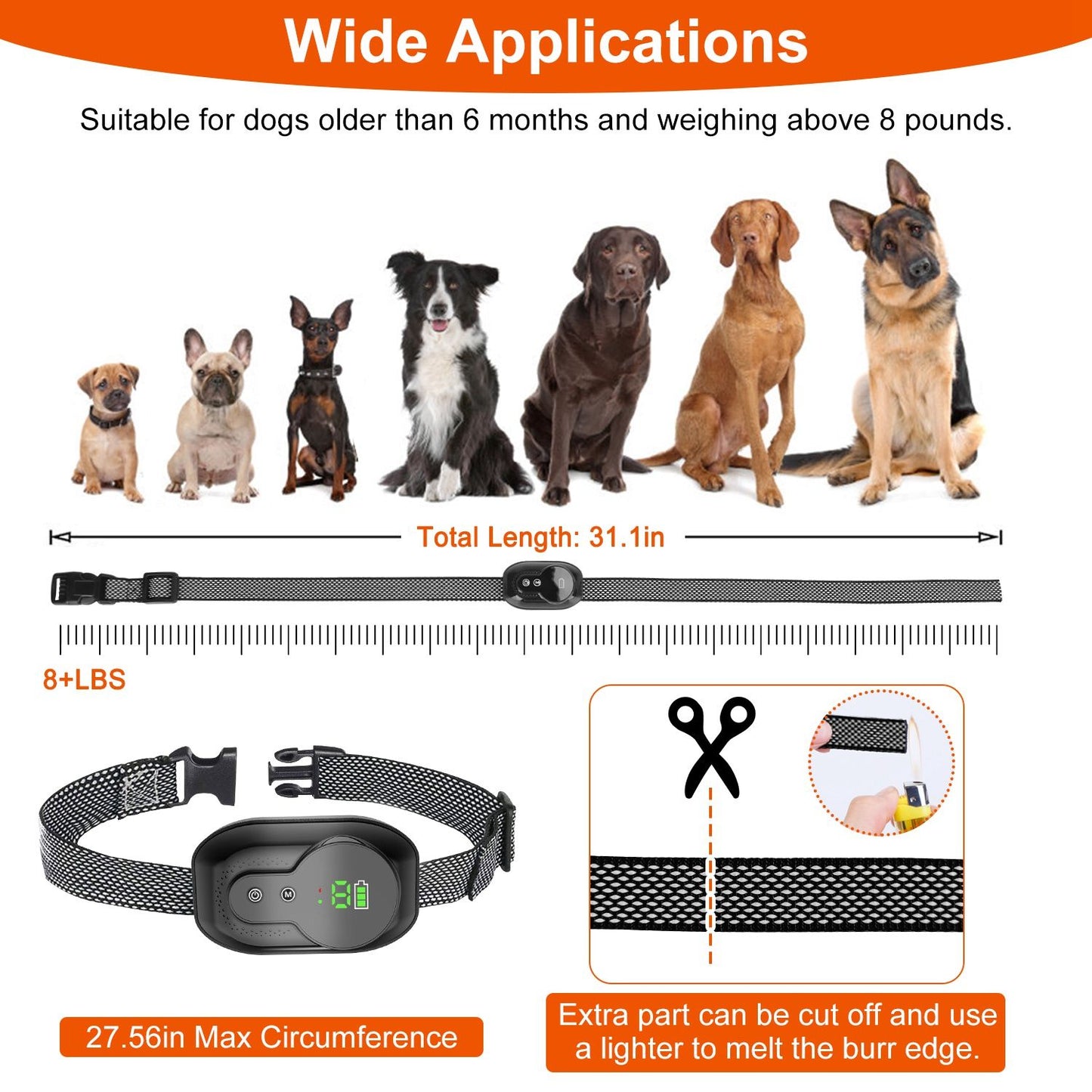 Dog training collar suitable for dogs over 6 months and weighing 8 lbs+, featuring adjustable 31.1-inch length and maximum circumference of 27.56 inches, displayed with various dog breeds.