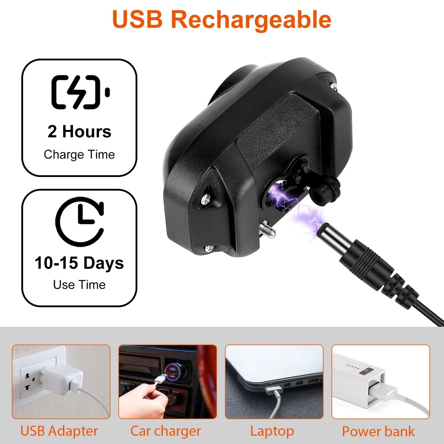 USB rechargeable device with a charging time of 2 hours and usage duration of 10-15 days, showcasing multiple charging options including USB adapter, car charger, laptop, and power bank.