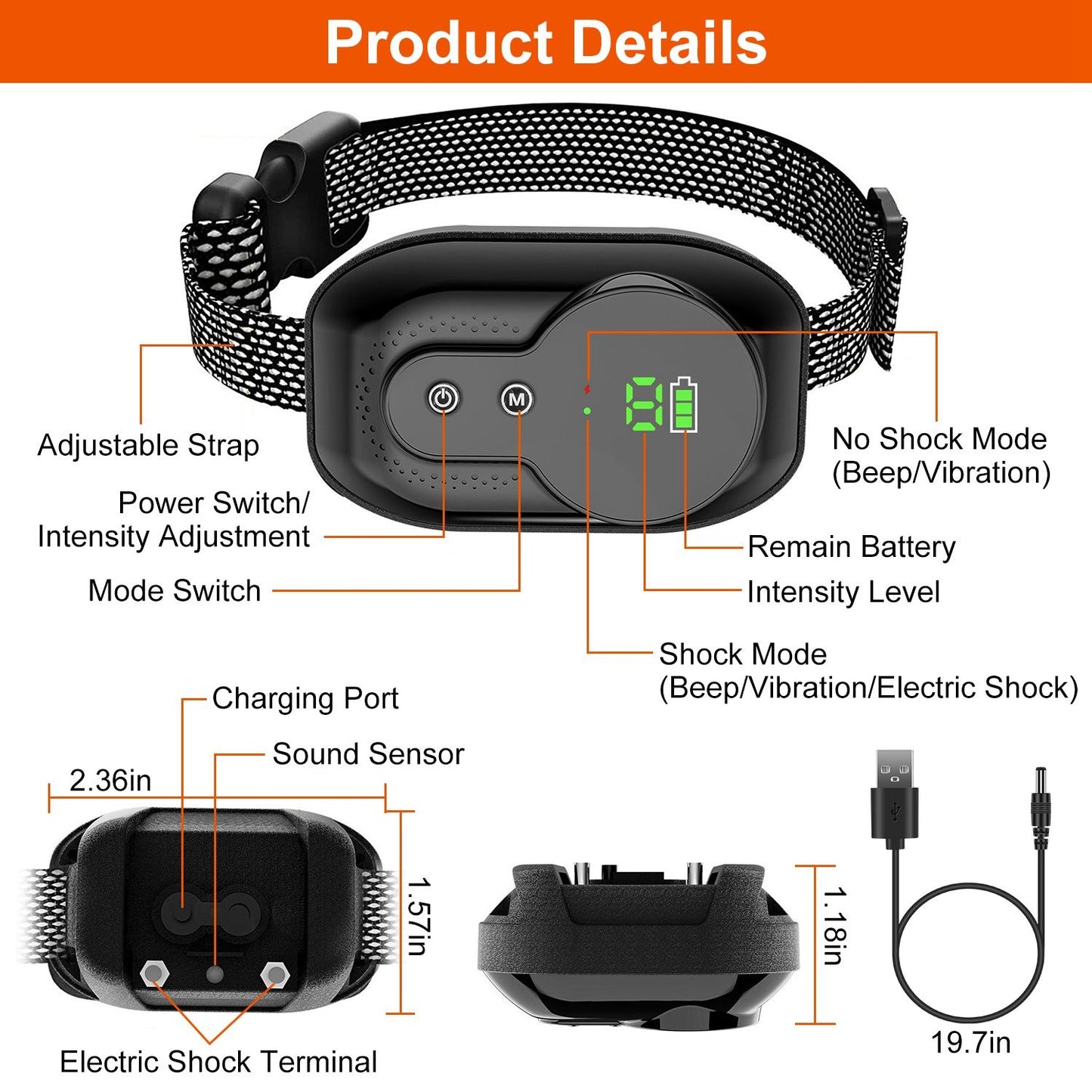 Dog training collar with adjustable strap, digital display, power and mode switch, charging port, sound sensor, and electric shock terminal, highlighting features such as shock and no-shock modes, intensity adjustment, and remaining battery indicator.