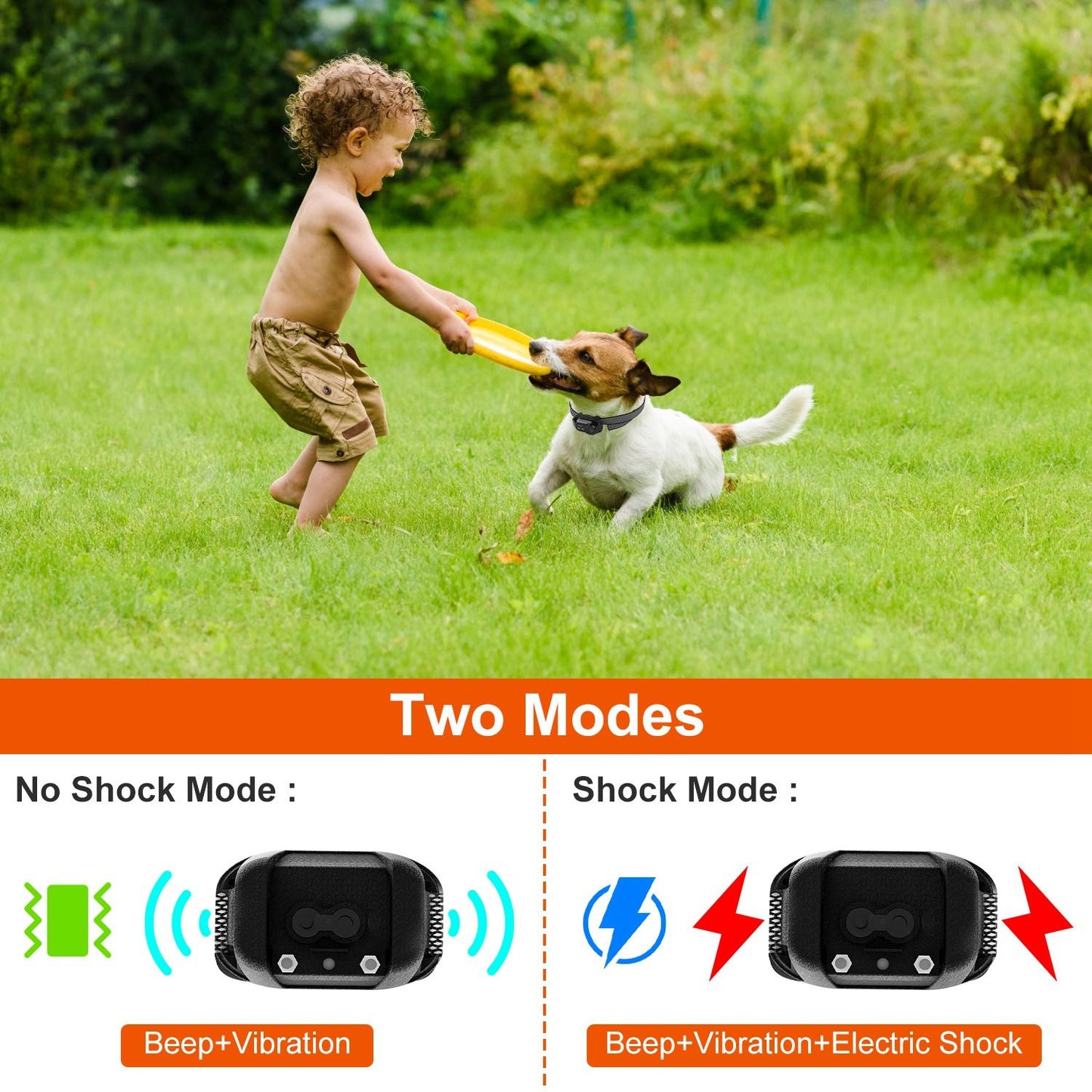 Child playing fetch with a dog in a grassy field, showcasing a pet training collar with two modes: no shock mode (beep and vibration) and shock mode (beep, vibration, and electric shock).