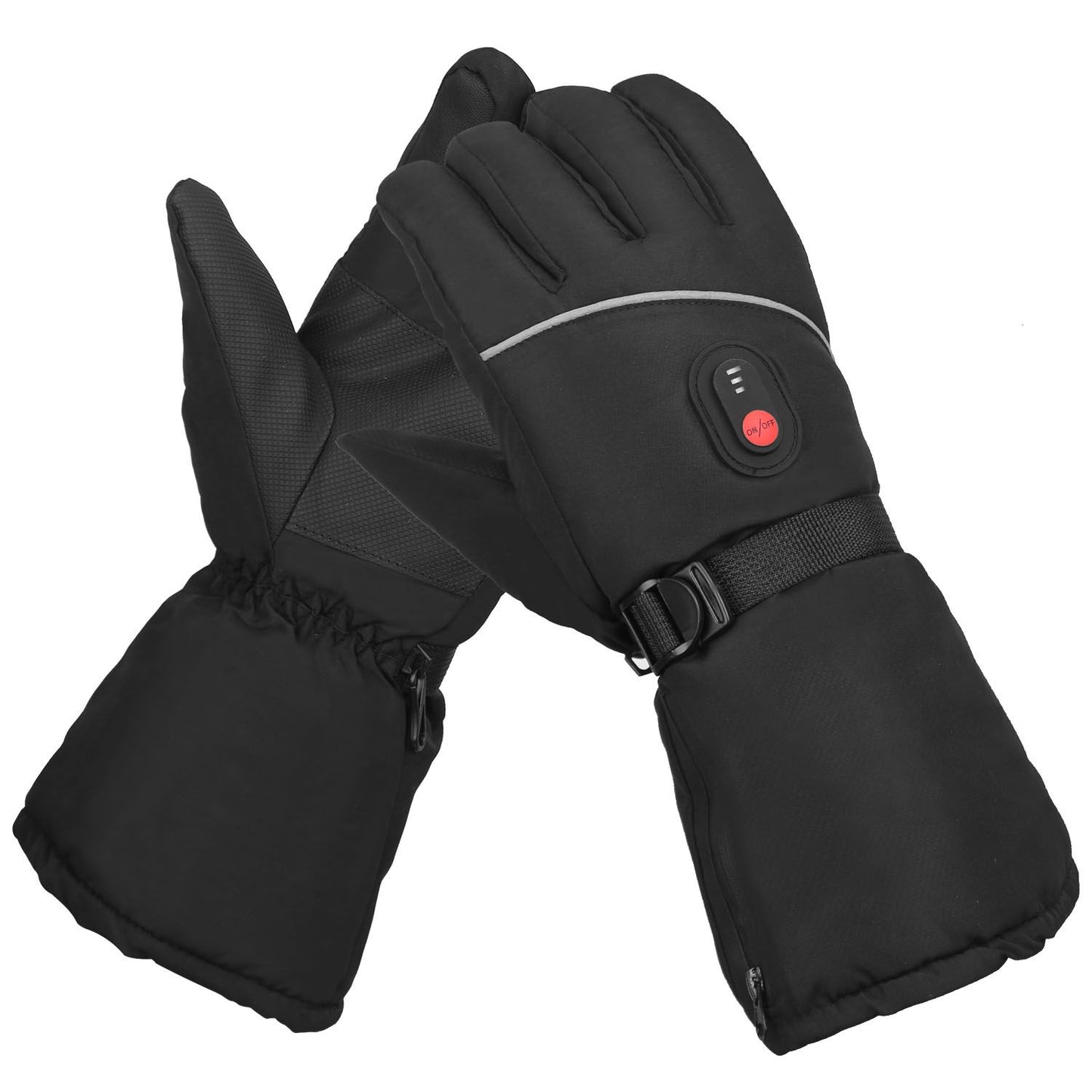 Black heated gloves with a control button, rubber grip, and adjustable wrist strap, designed for cold weather protection and comfort.