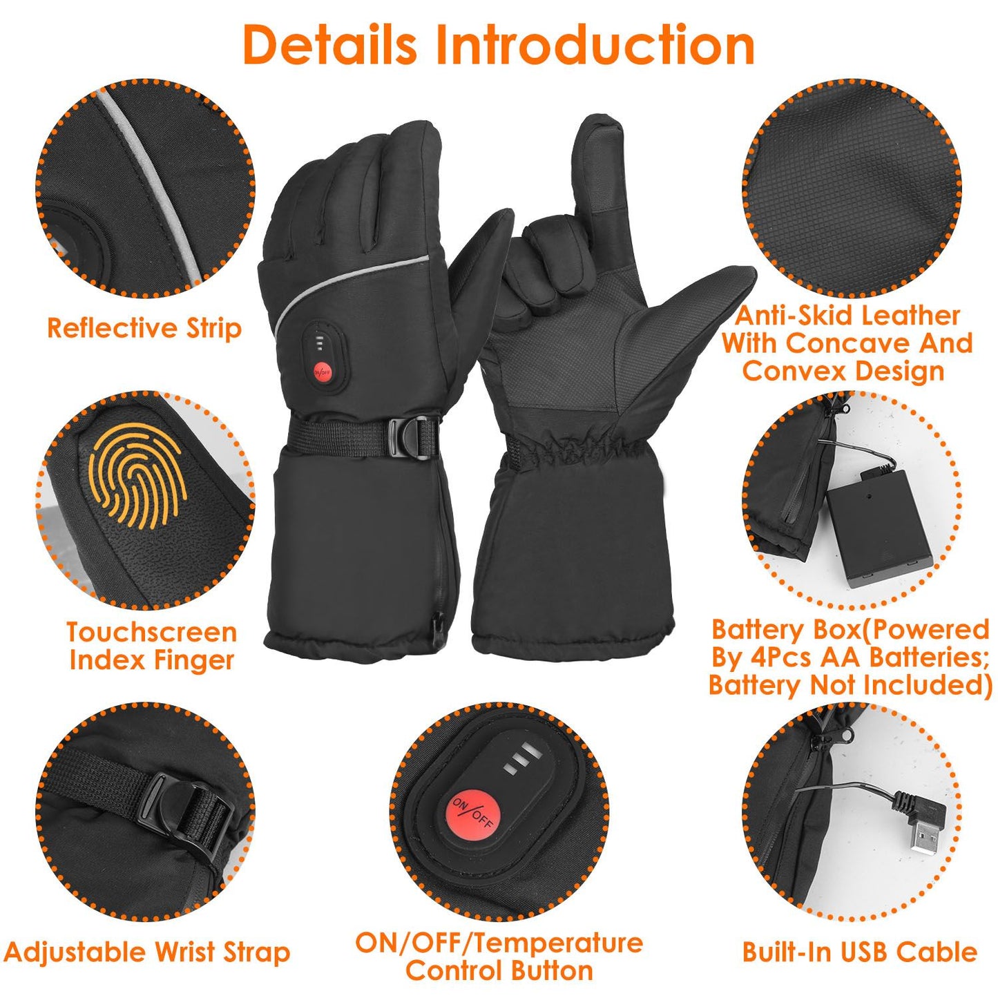 Thermal touchscreen gloves with adjustable wrist strap, anti-skid leather, battery box, and reflective strip for enhanced visibility.