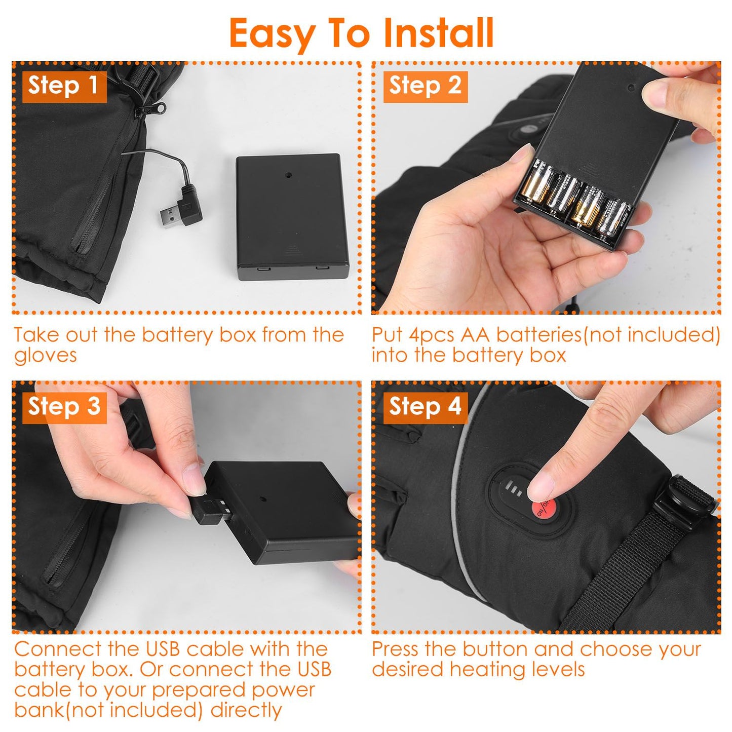 Step-by-step guide for installing battery-powered heated gloves, showcasing battery box removal, battery insertion, USB connection, and heat level adjustment.