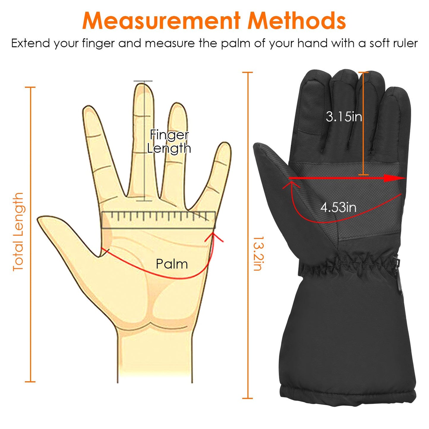 Illustration showing measurement methods for hand sizing, featuring a ruler with dimensions labeled for finger length, palm width, total length, and a black glove with specific measurements, suitable for accurate fitting.