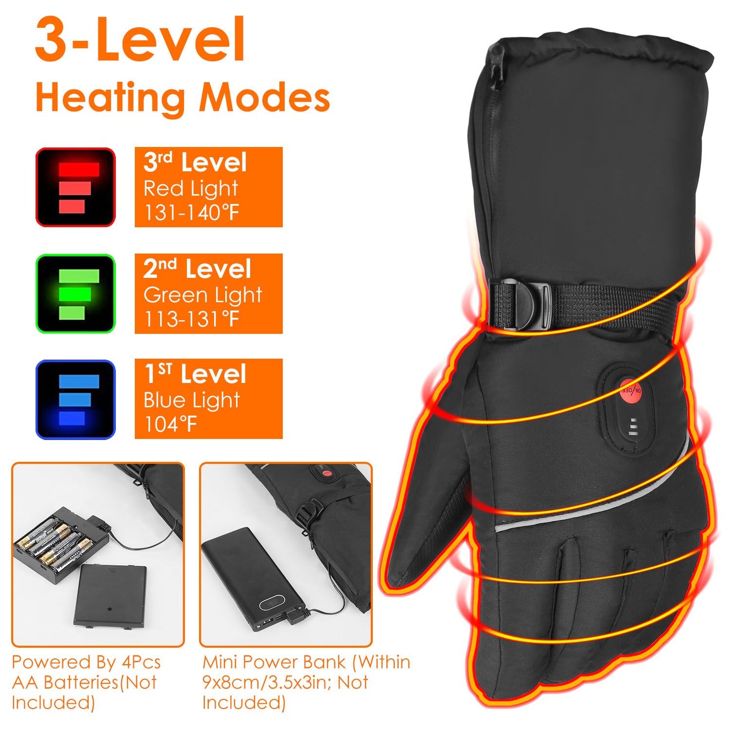 Black heated gloves with three heat settings, powered by AA batteries, featuring indicators for temperature levels and a mini power bank connection.