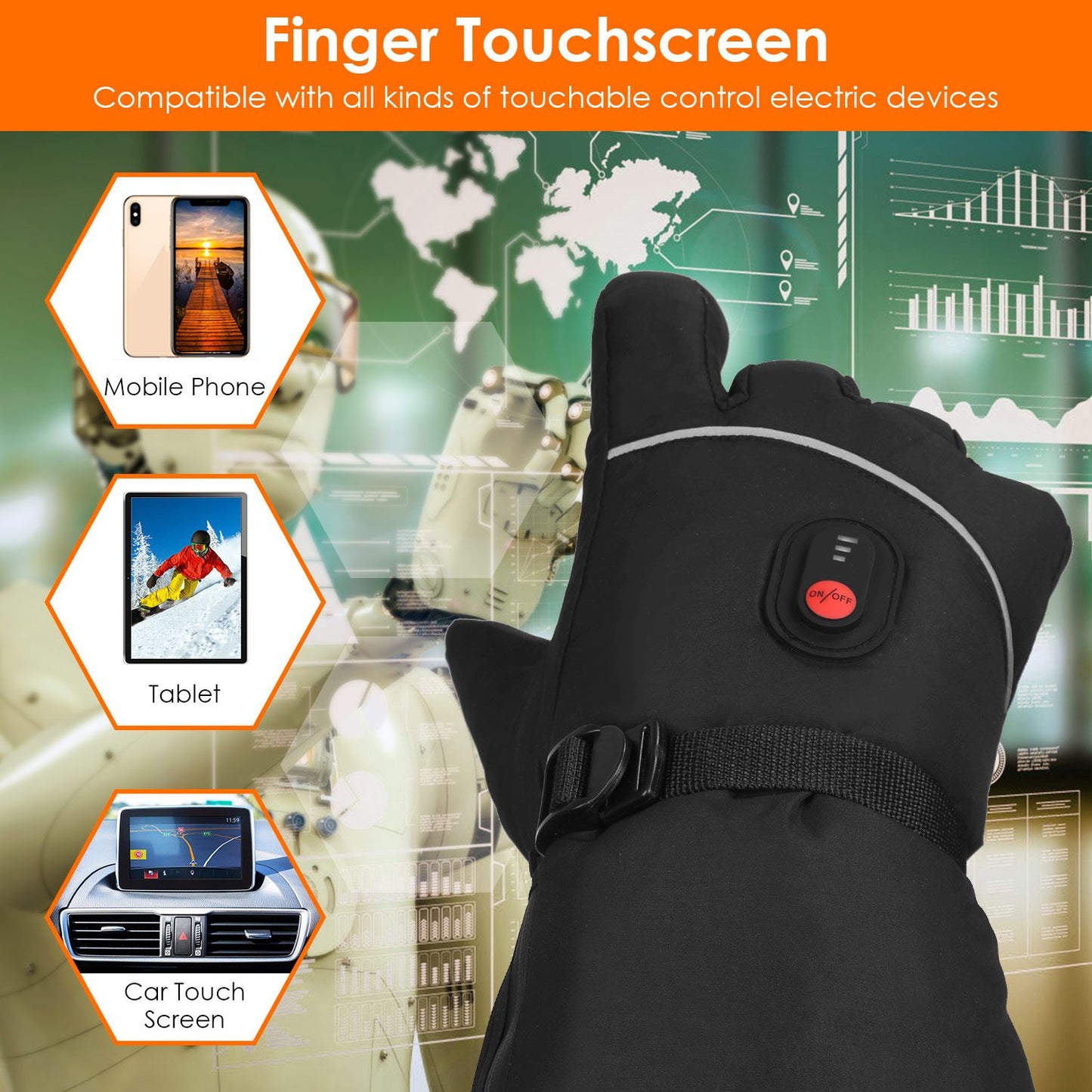 Black touchscreen gloves with an adjustable strap, highlighted with icons showing compatibility with mobile phones, tablets, and car touch screens, set against a futuristic tech background.
