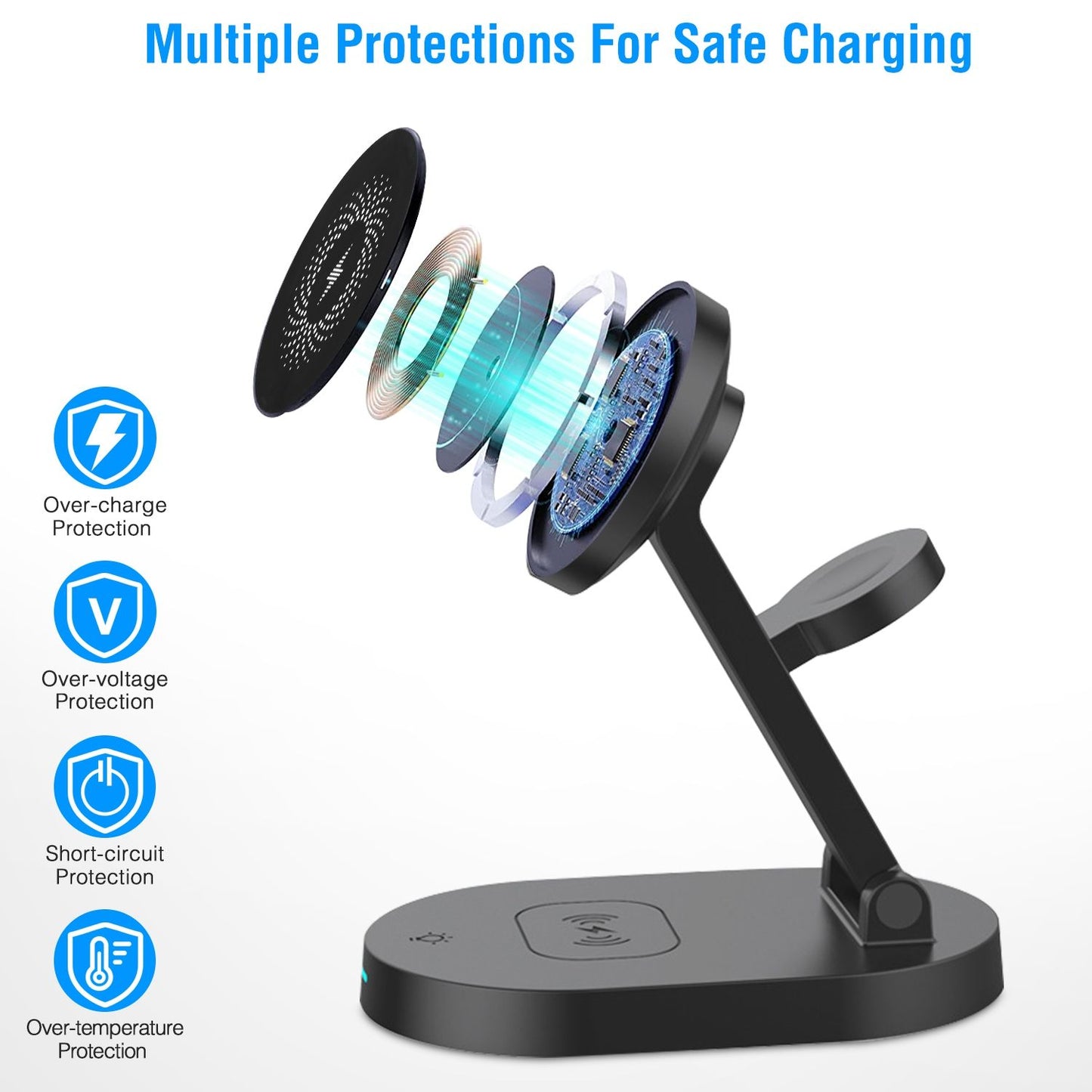 Wireless charger with multi-layered safety features including over-charge, over-voltage, short-circuit, and over-temperature protection, displayed in a sleek black design.