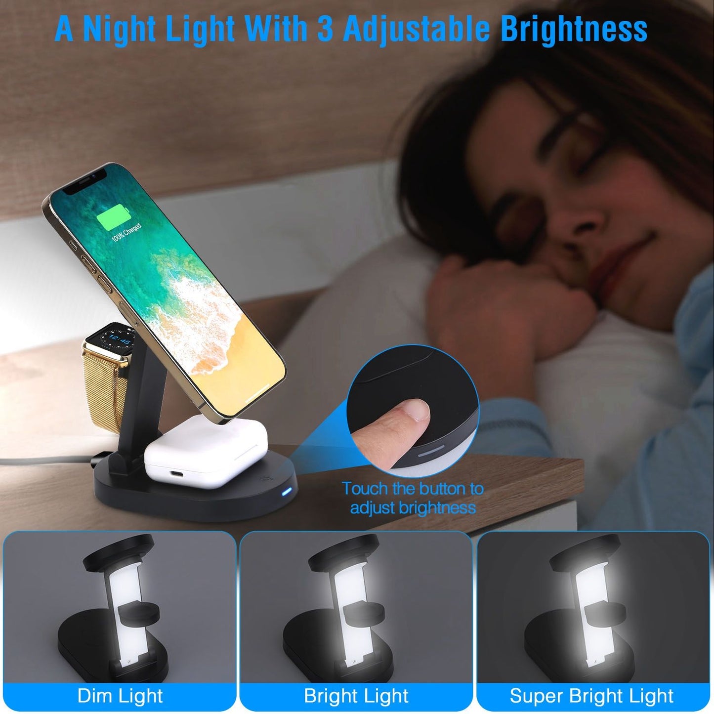 Smart night light with adjustable brightness settings, showcasing a charging phone and wireless earbuds on a bedside table, perfect for creating a cozy atmosphere.