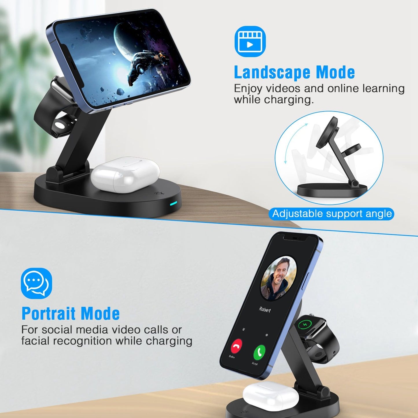 Smartphone stand with adjustable angles for landscape and portrait mode, featuring a charging dock for wireless earbuds, suitable for video calls, online learning, and entertainment.