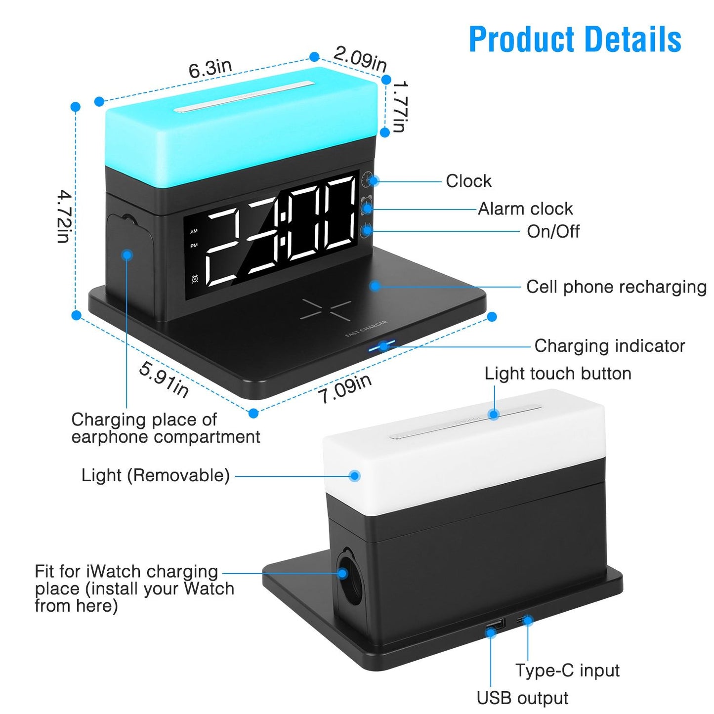 Smart alarm clock with wireless phone charger, Bluetooth speaker, and removable light; features digital display and USB Type-C input.