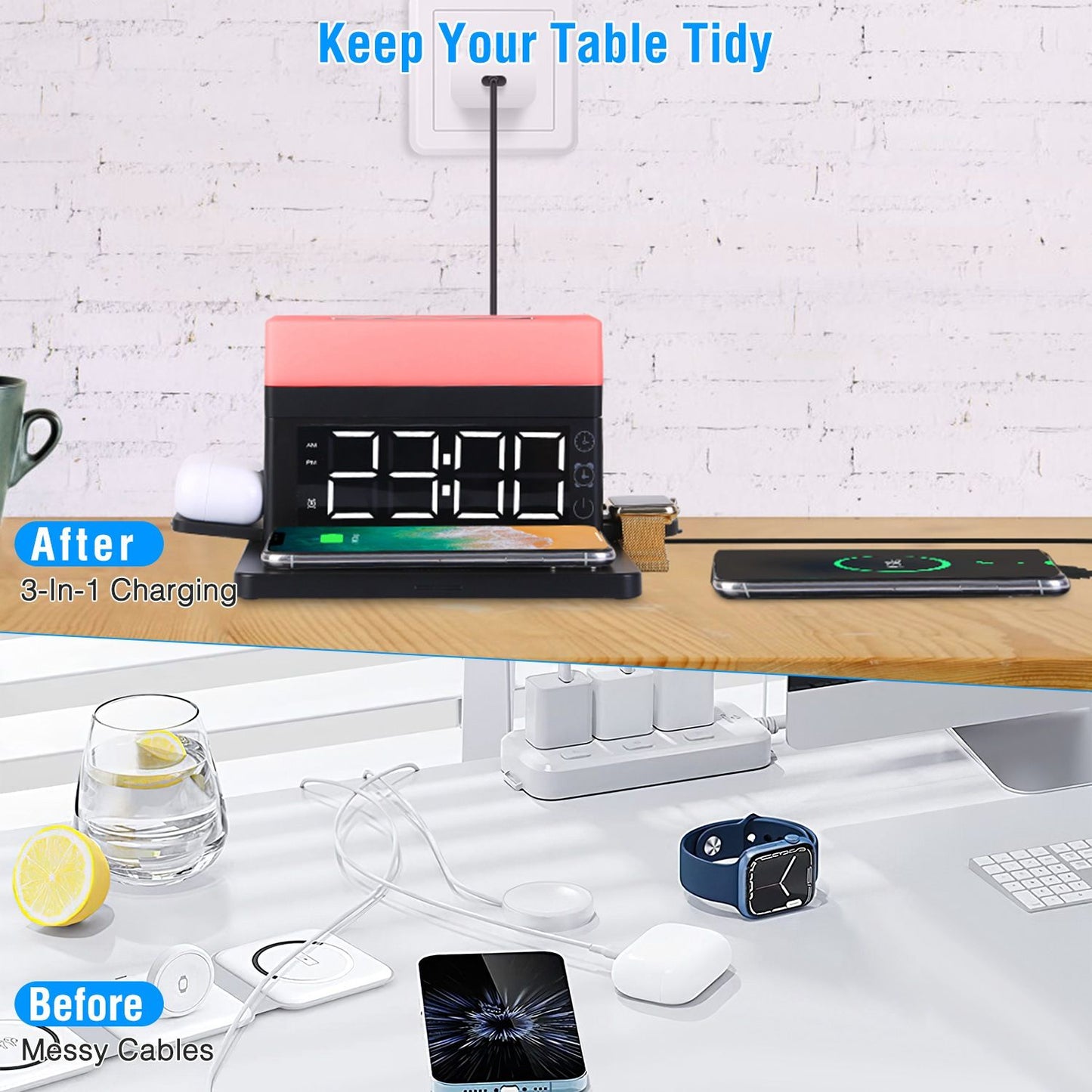 3-in-1 wireless charging station with digital clock for phone, AirPods, and Apple Watch, demonstrating a tidy desk setup compared to a cluttered workspace with messy cables.