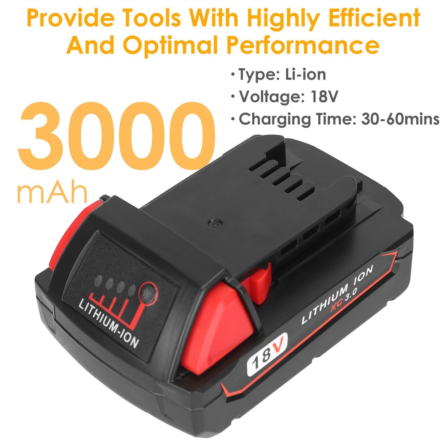 18V lithium-ion battery with 3000mAh capacity, showcasing efficient performance and quick 30-60 minute charging time, ideal for power tools.