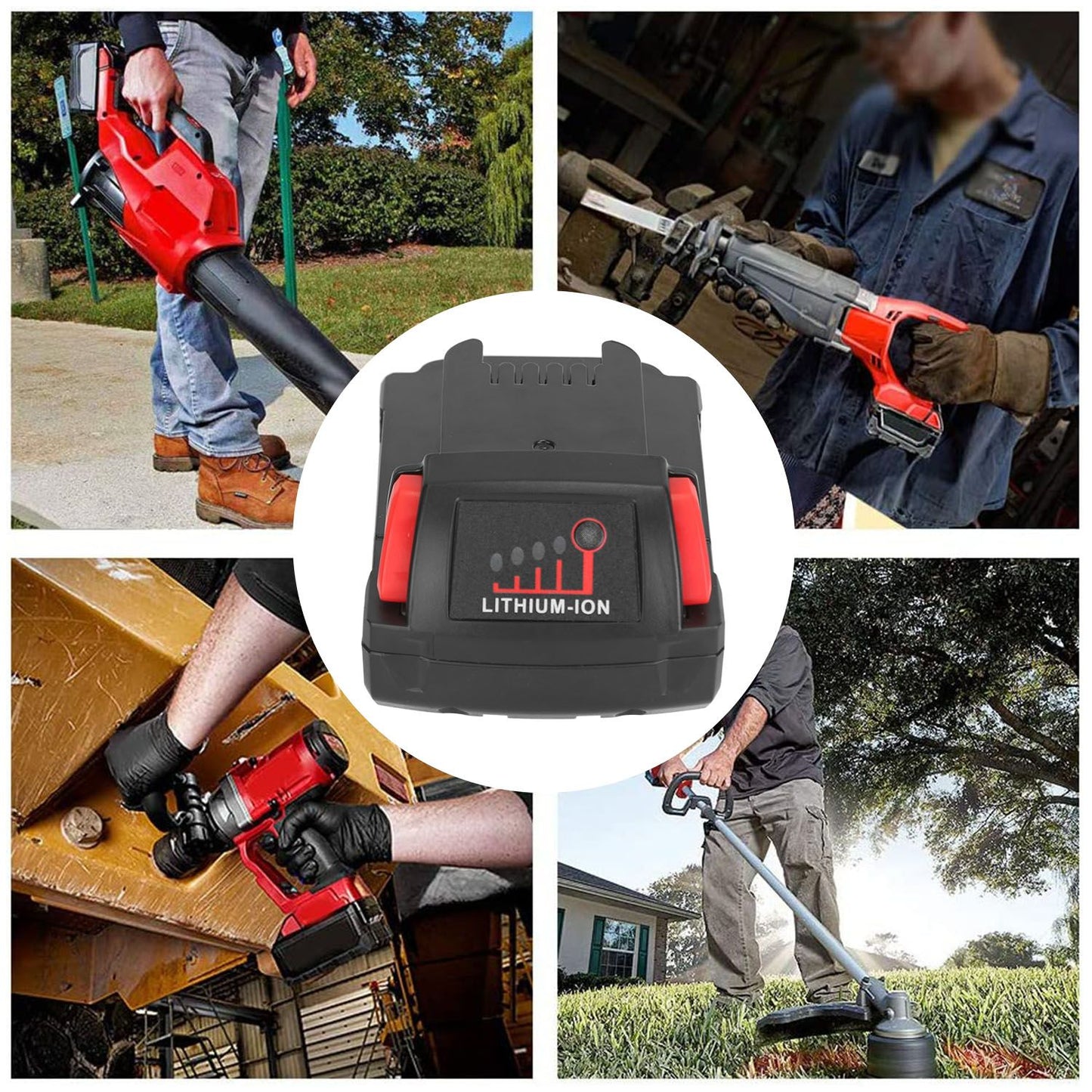 Lithium-ion battery pack designed for outdoor power tools, featuring users operating a leaf blower, a reciprocating saw, and a trimmer in various settings, showcasing its versatility and ease of use.