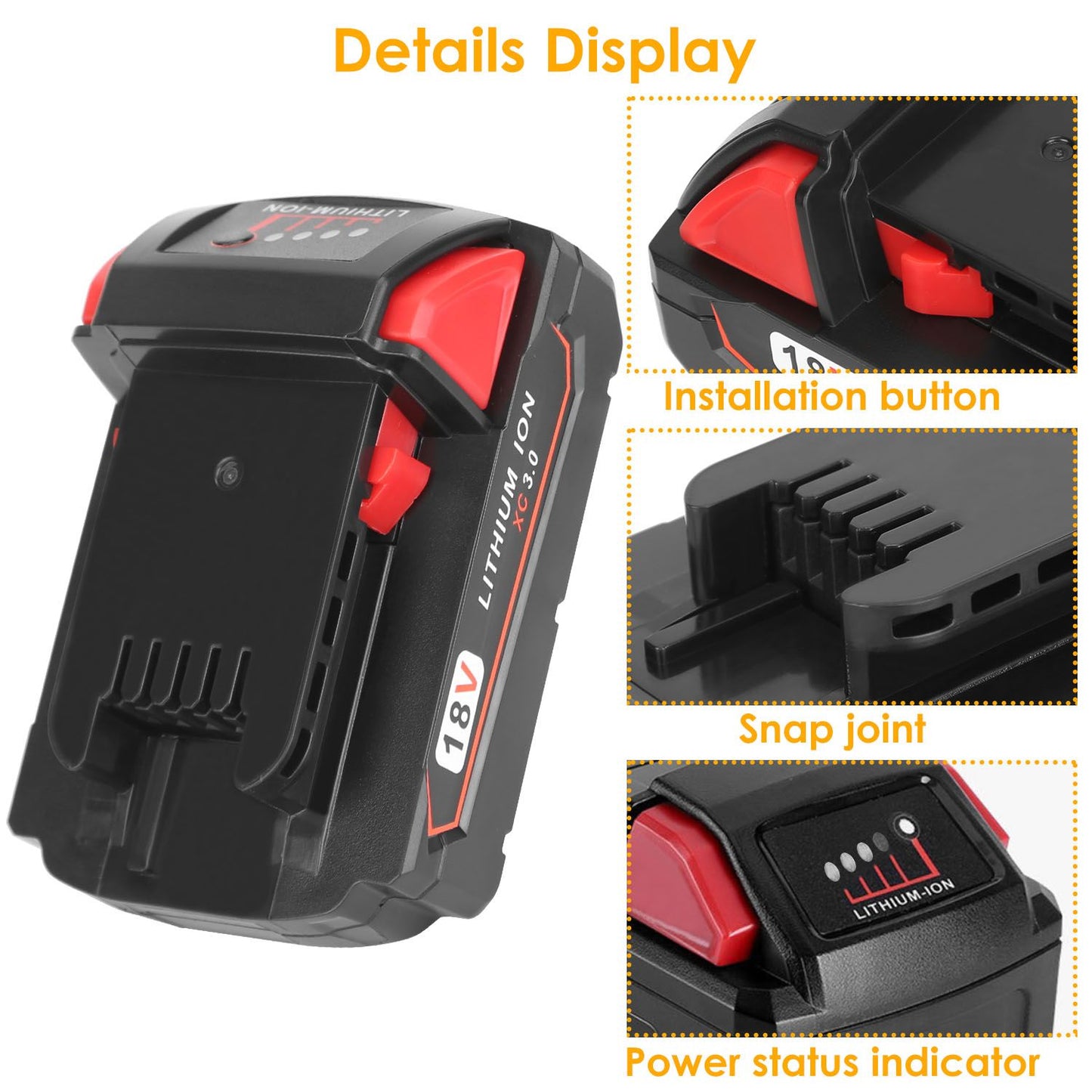 Lithium-ion battery pack featuring installation button, snap joint, and power status indicator, designed for 18V tools.